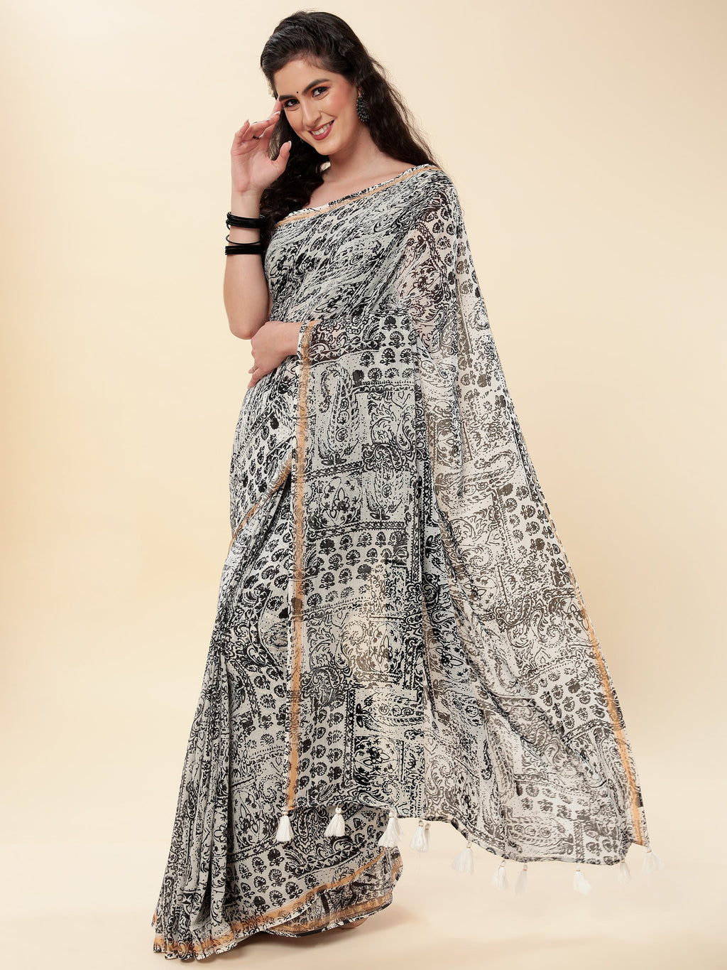 BLACK & WHITE VISCOSE MUL DIGITAL PRINTED SAREE