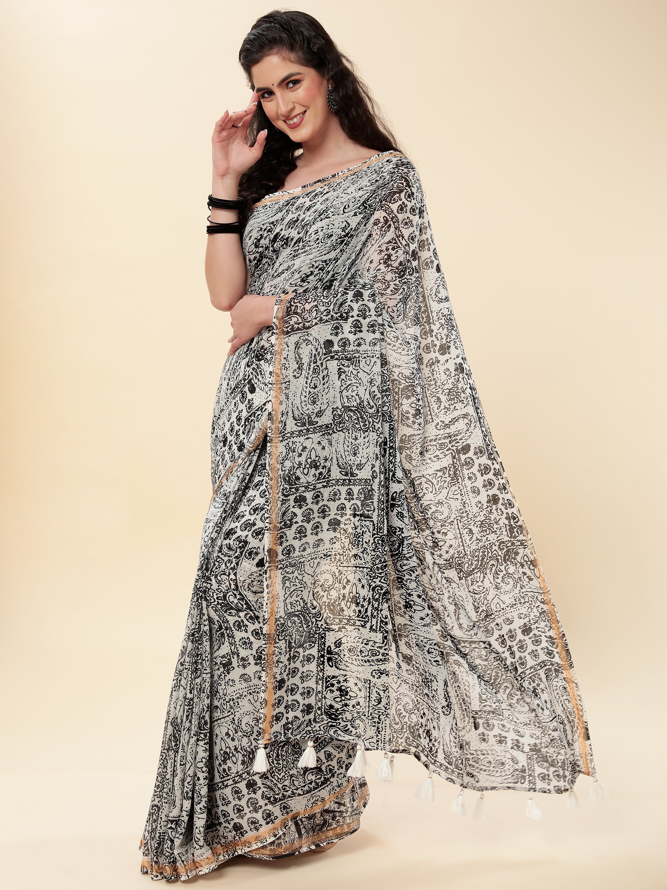 BLACK & WHITE VISCOSE MUL DIGITAL PRINTED SAREE