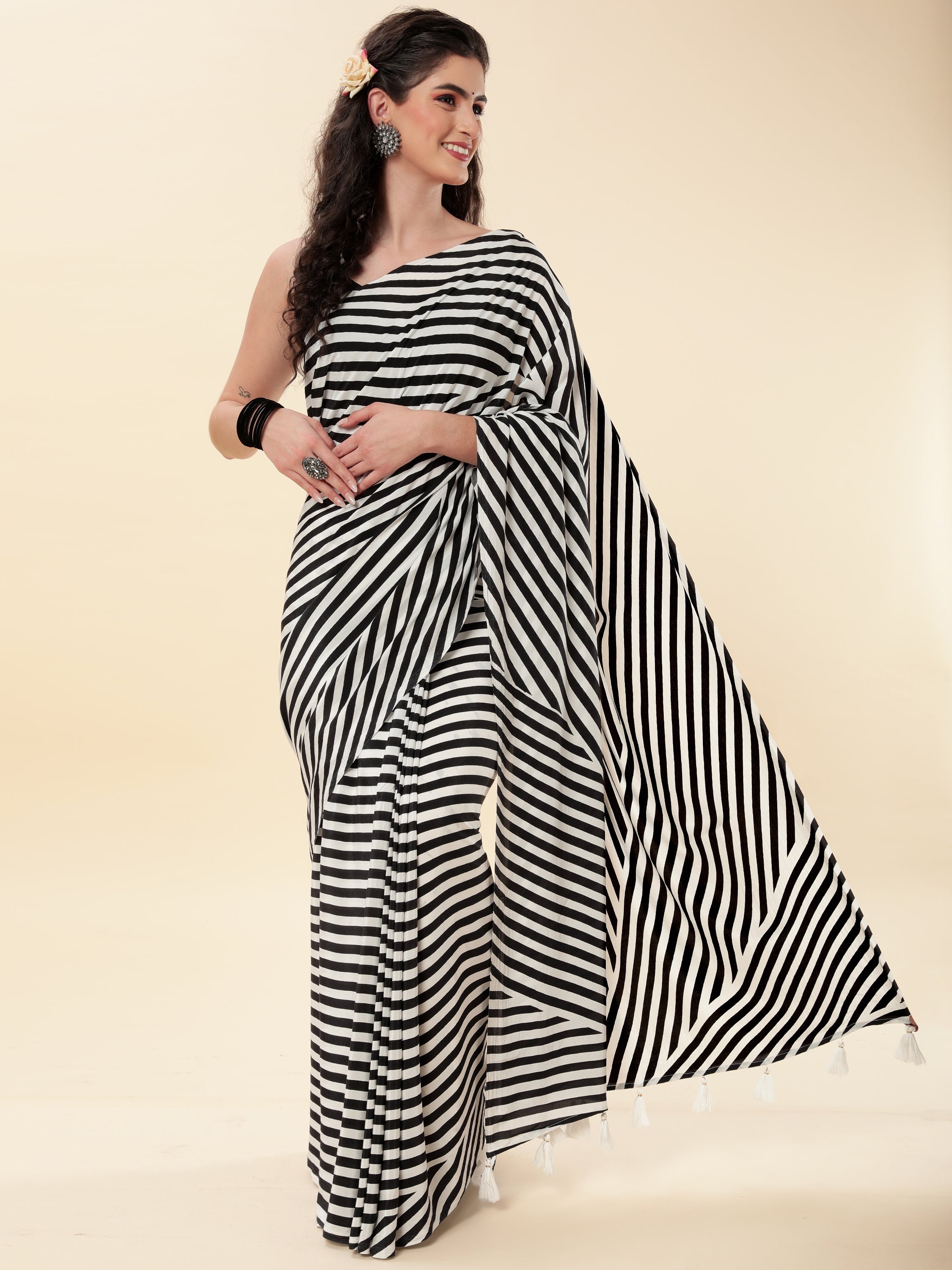 BLACK & WHITE STRIPED MONOCHROME CREPE SAREE