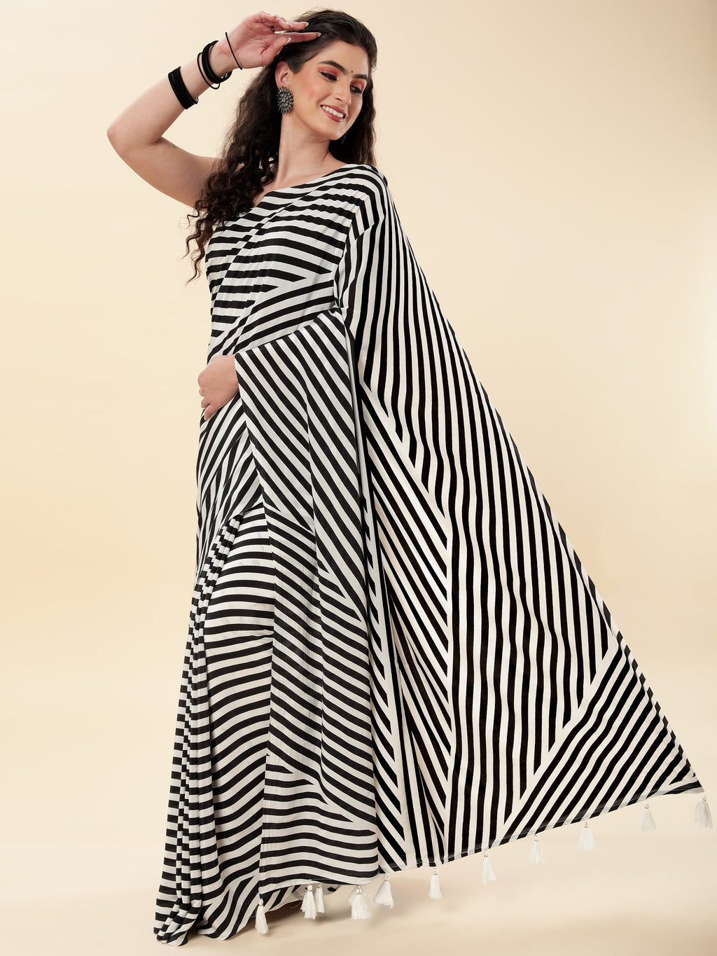 BLACK & WHITE STRIPED MONOCHROME CREPE SAREE