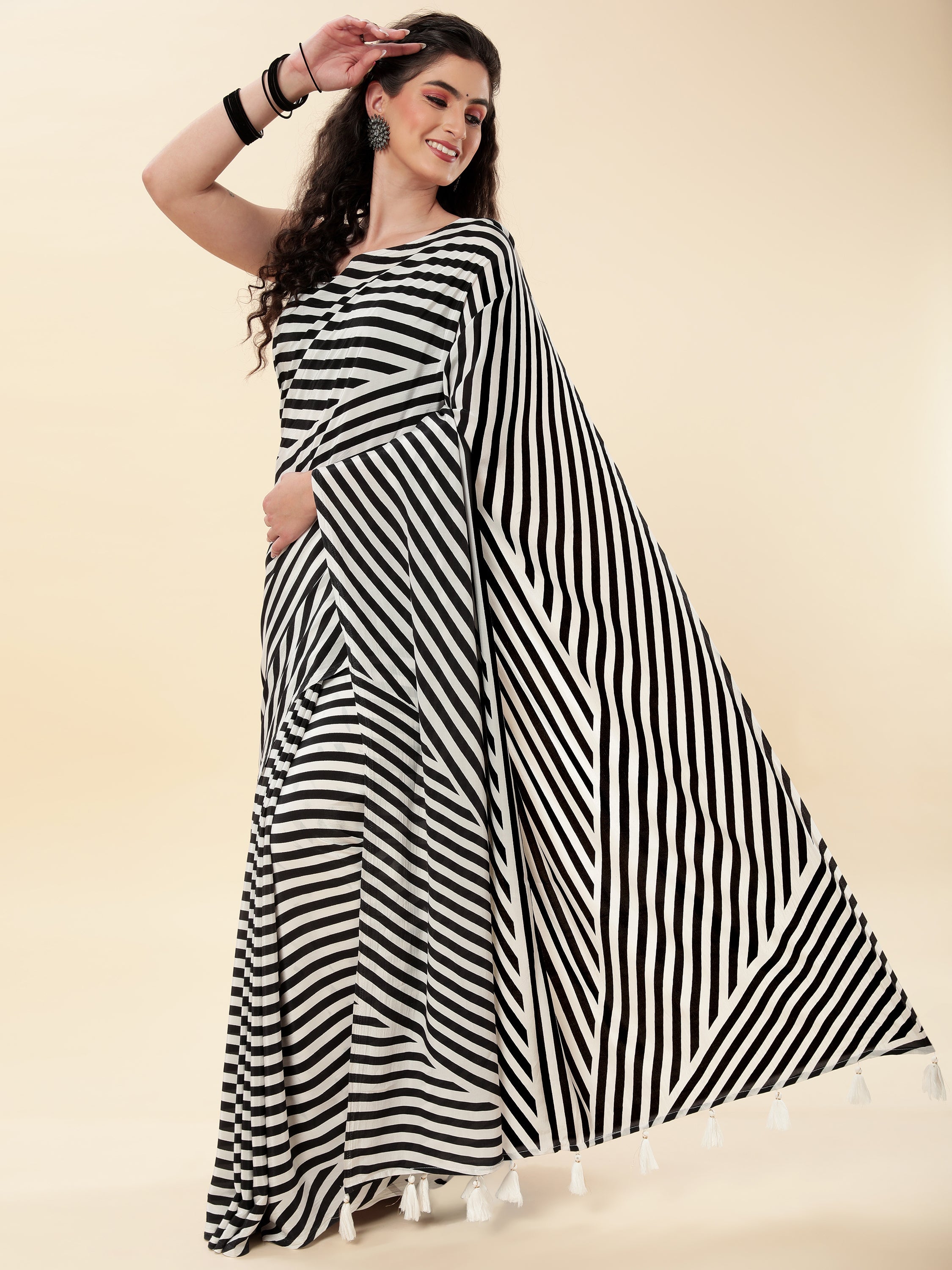 BLACK & WHITE STRIPED MONOCHROME CREPE SAREE