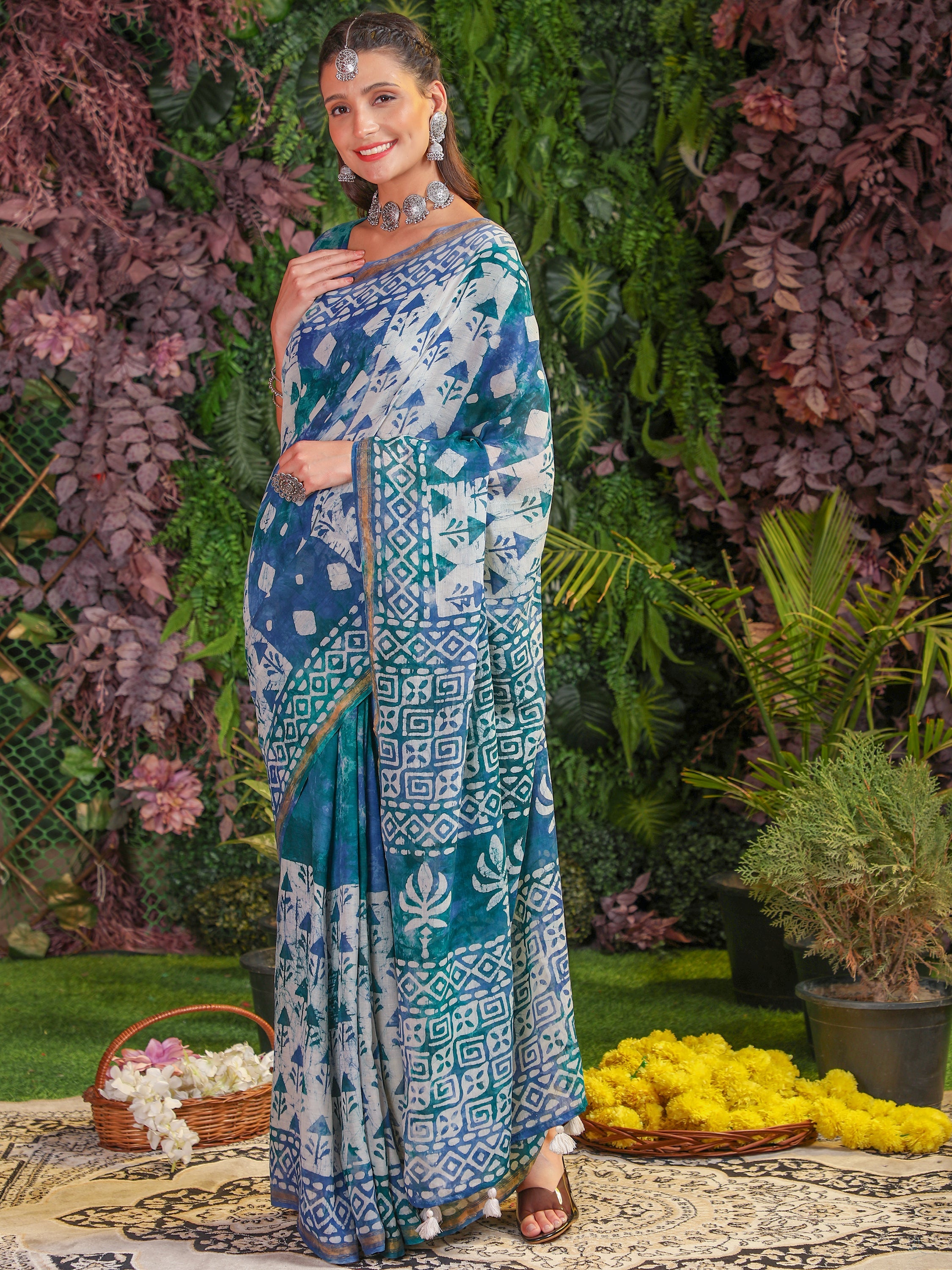 MIX BLUE VISCOSE MUL BATIK PRINTED SAREE