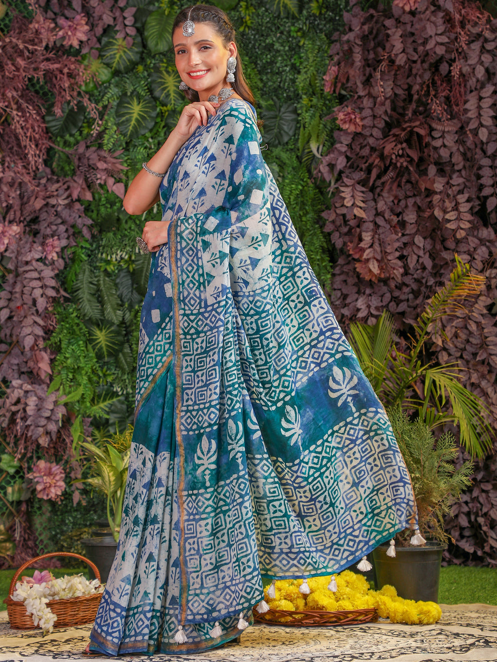 MIX BLUE VISCOSE MUL BATIK PRINTED SAREE