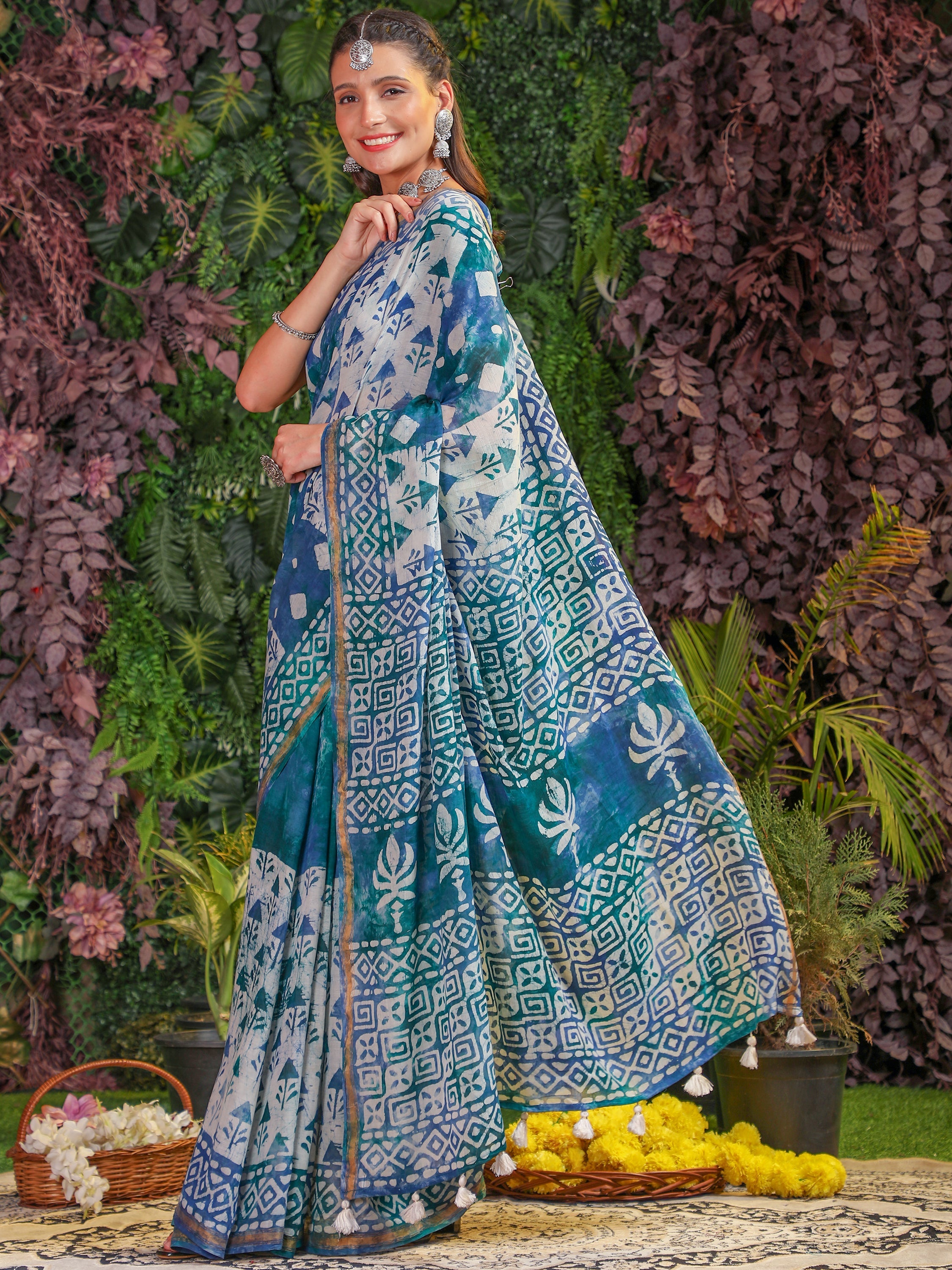 MIX BLUE VISCOSE MUL BATIK PRINTED SAREE