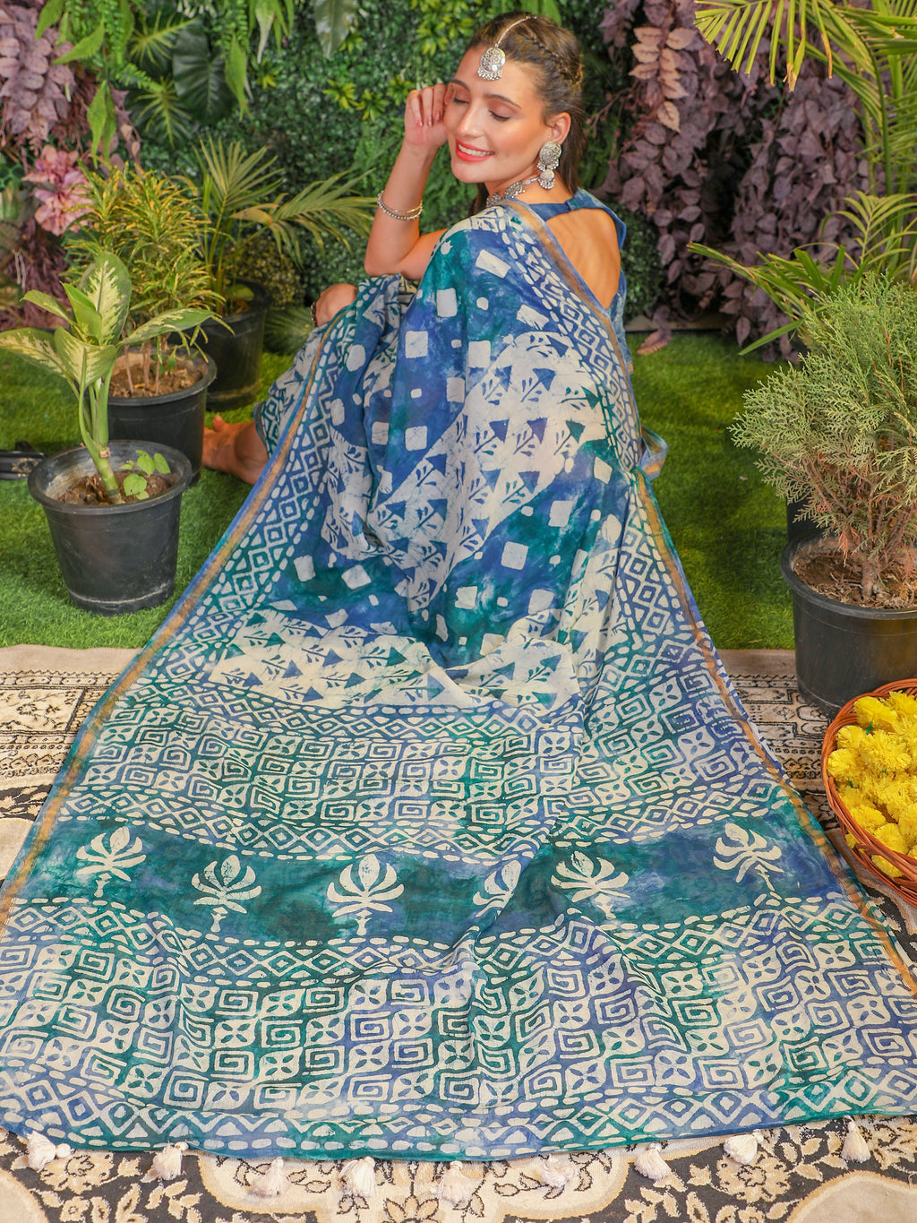 MIX BLUE VISCOSE MUL BATIK PRINTED SAREE