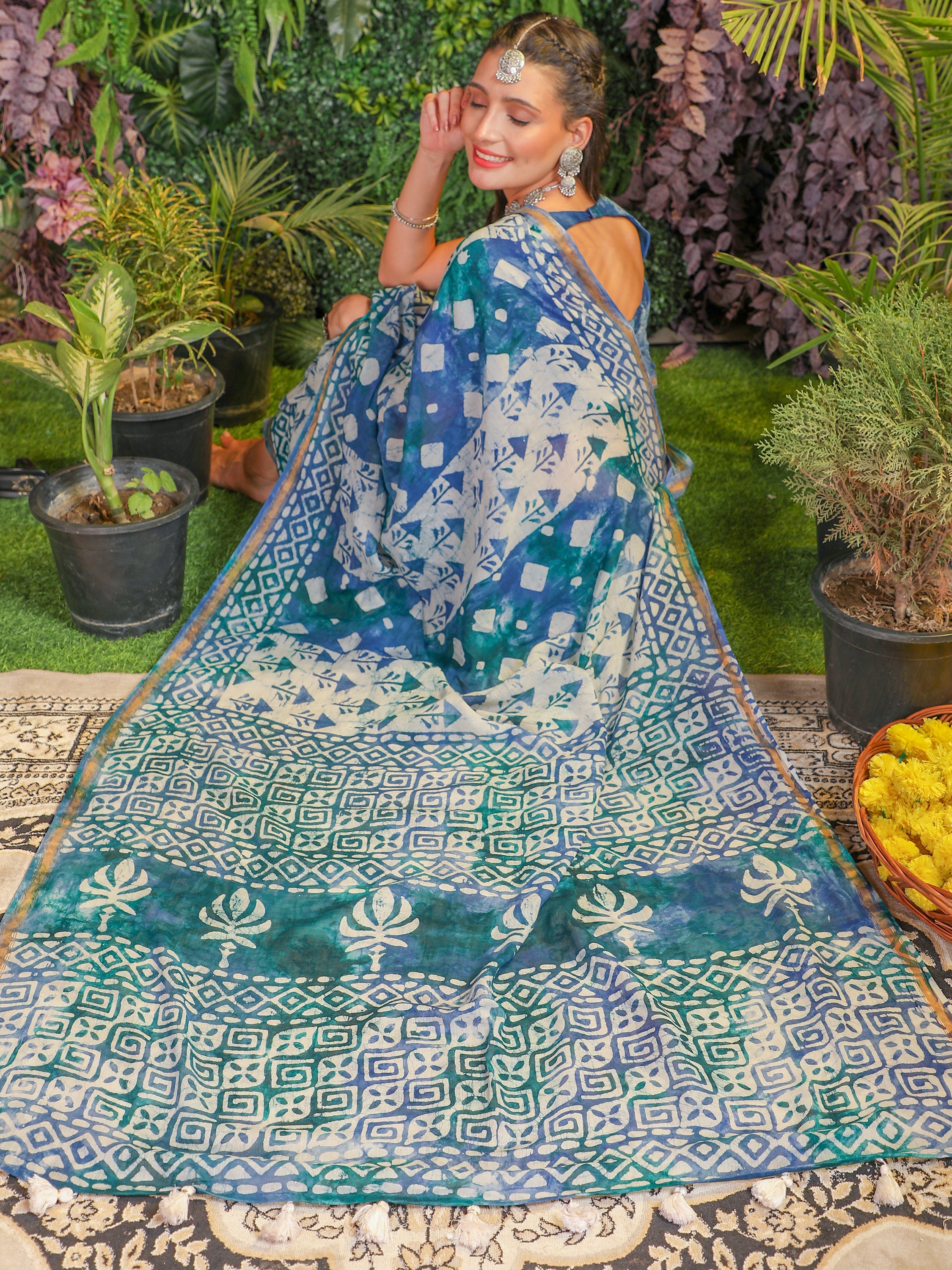 MIX BLUE VISCOSE MUL BATIK PRINTED SAREE