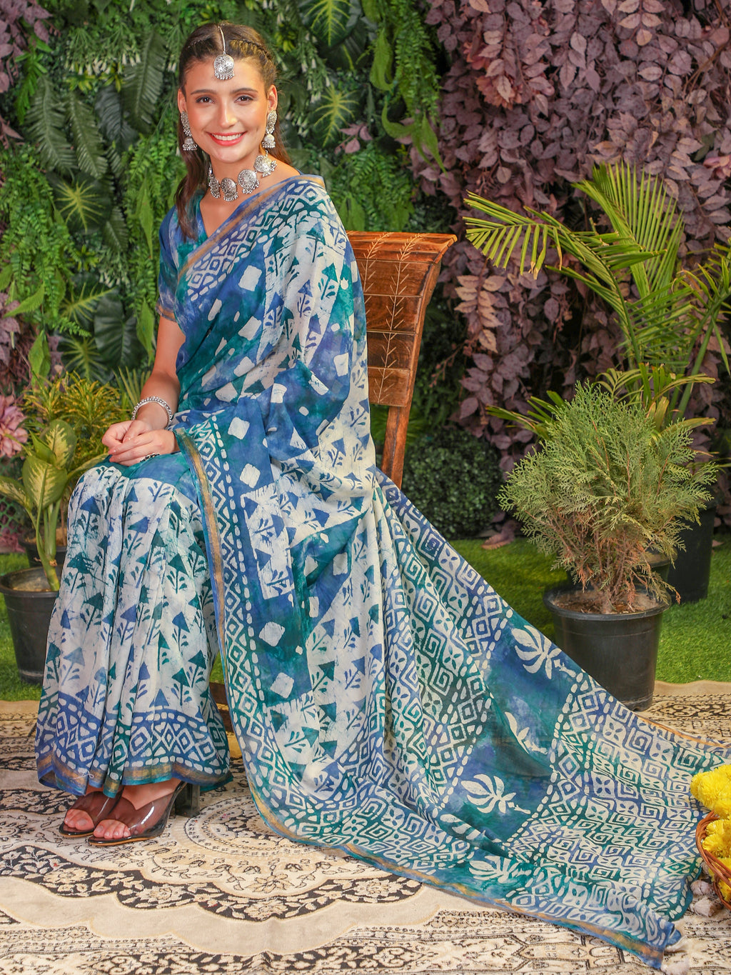 MIX BLUE VISCOSE MUL BATIK PRINTED SAREE