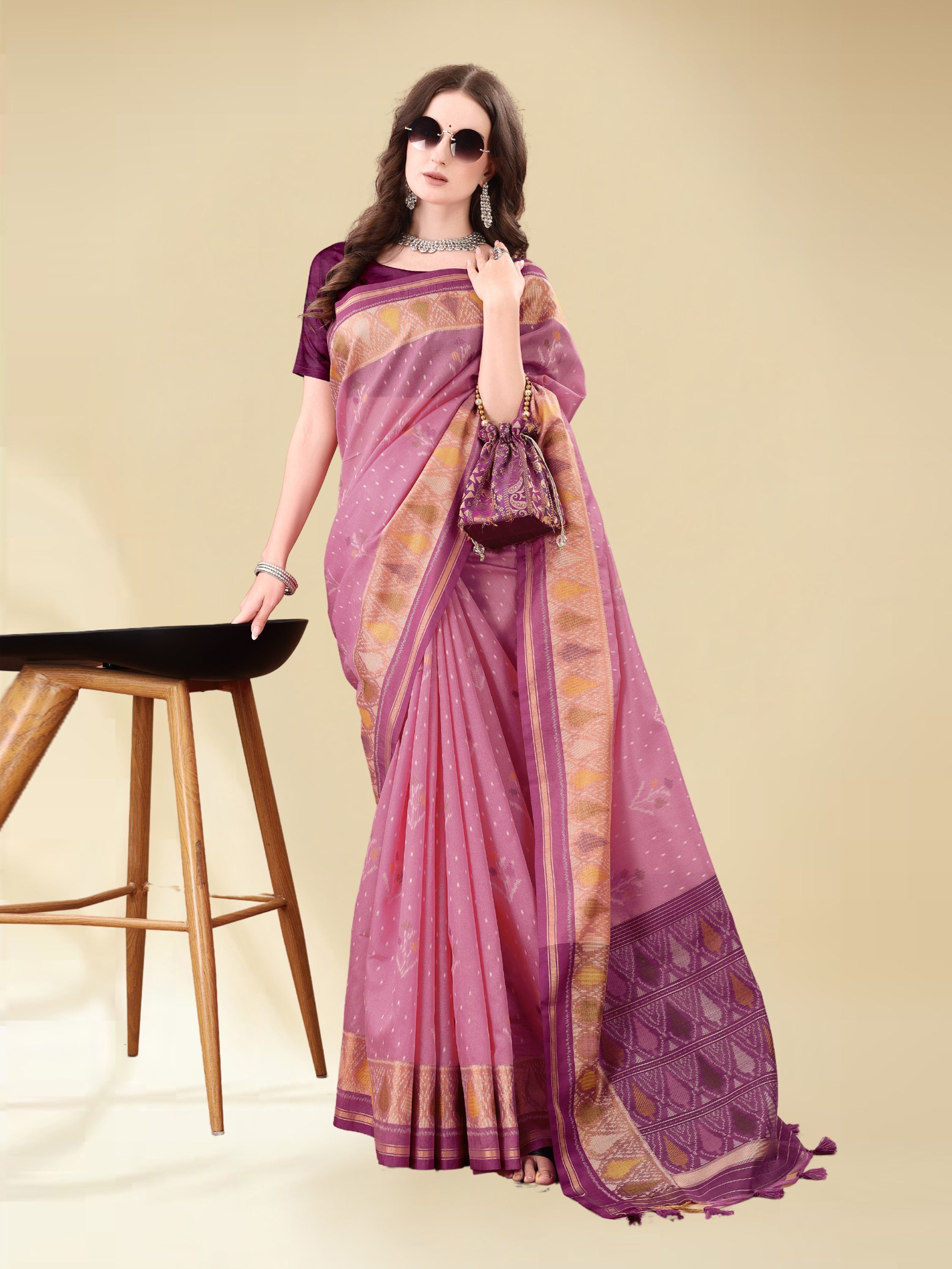 DUSTY PINK HANDWOVEN BUTTERFLY ART SILK SAREE