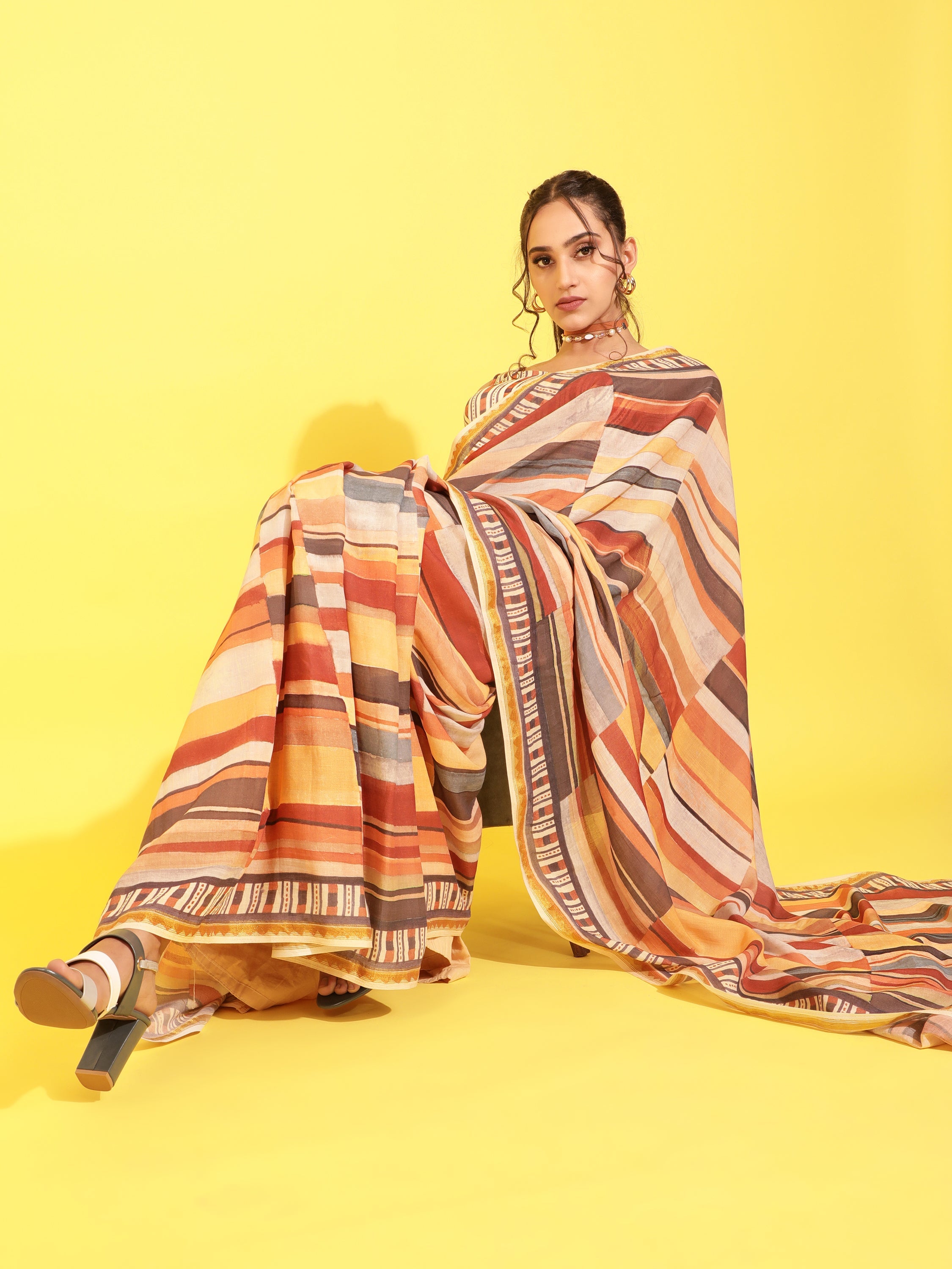 BROWN & YELLOW VISCOSE MUL LIVA DIGITAL PRINTED SAREE