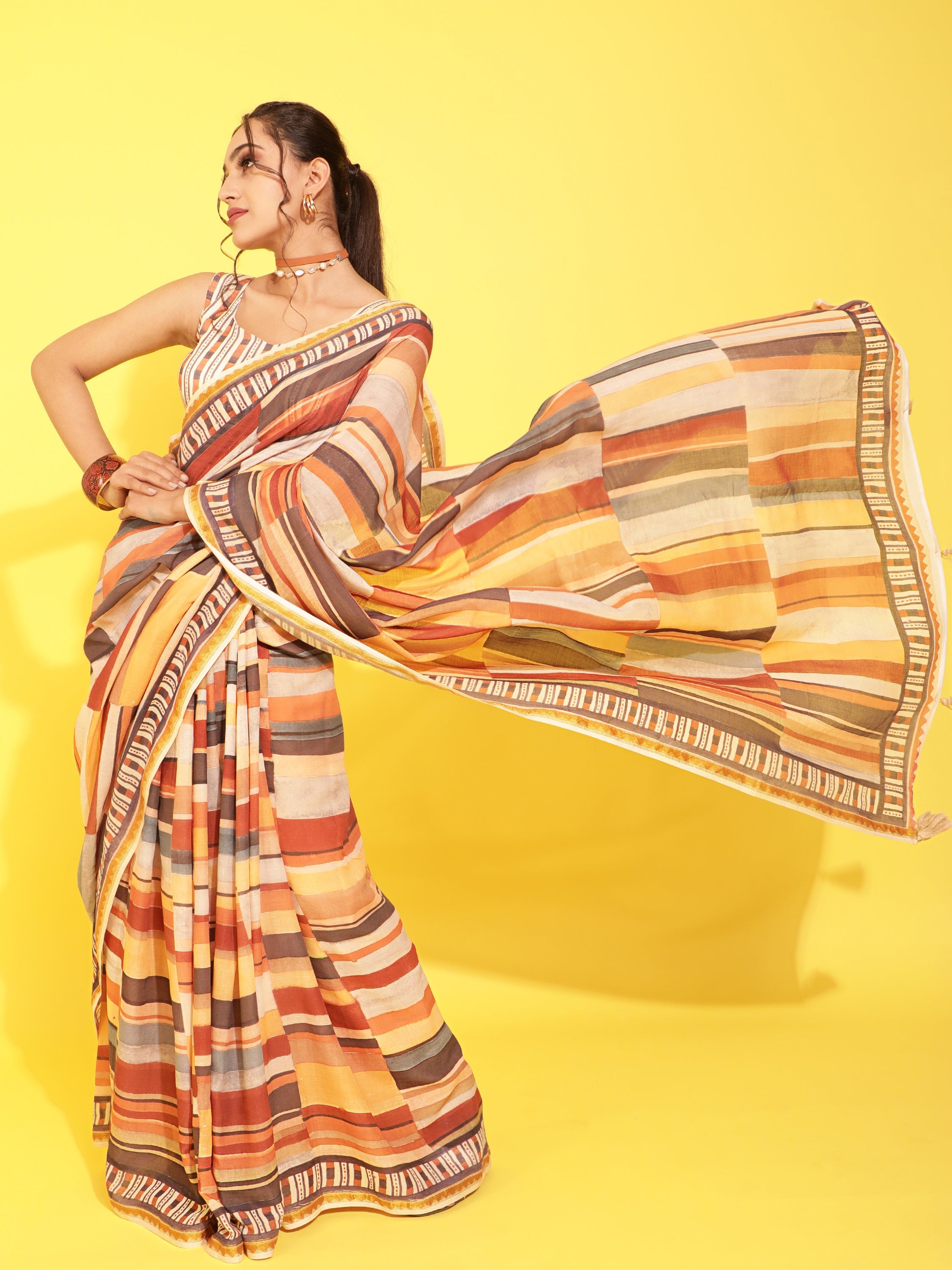 BROWN & YELLOW VISCOSE MUL LIVA DIGITAL PRINTED SAREE