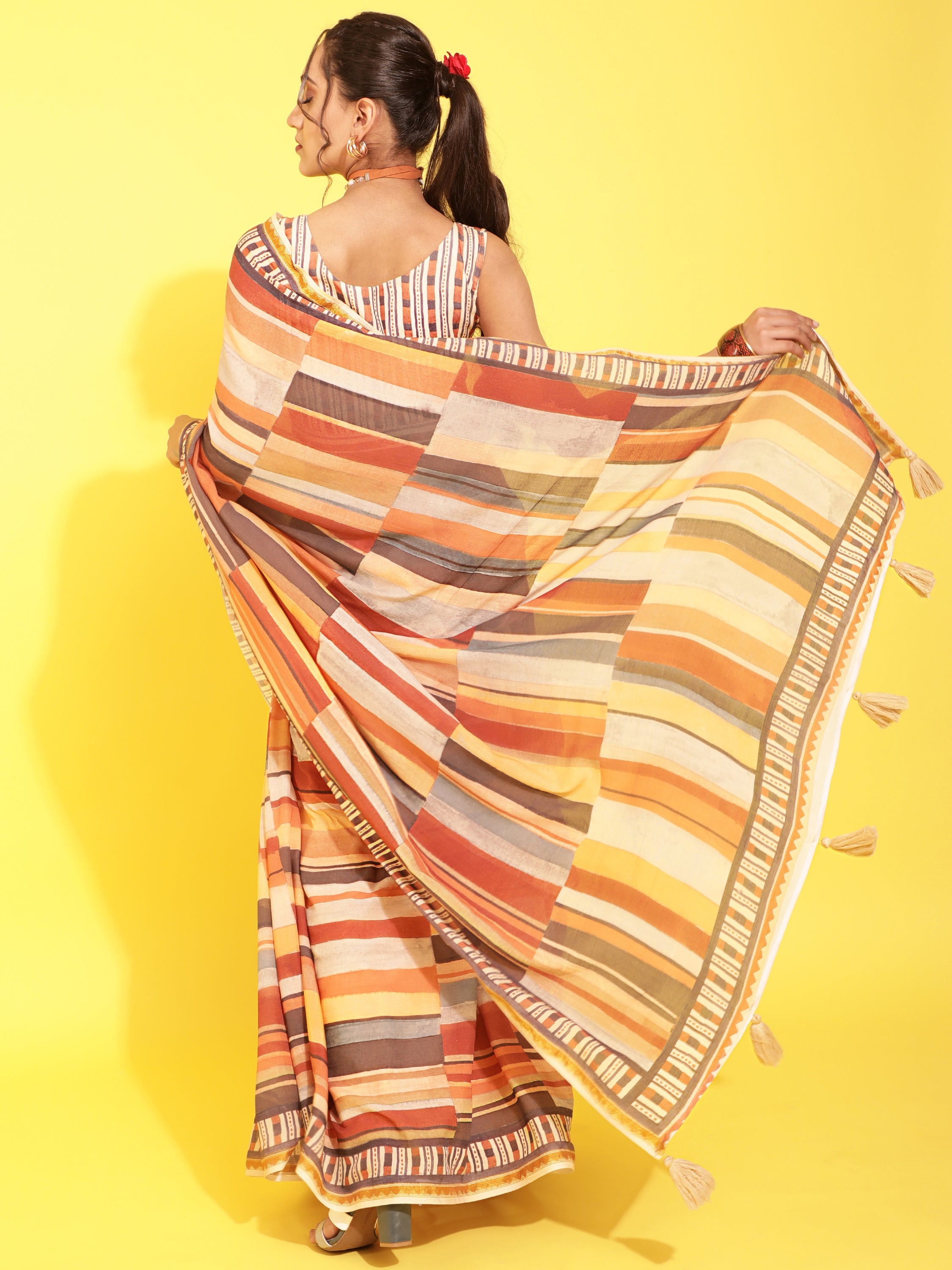 BROWN & YELLOW VISCOSE MUL LIVA DIGITAL PRINTED SAREE