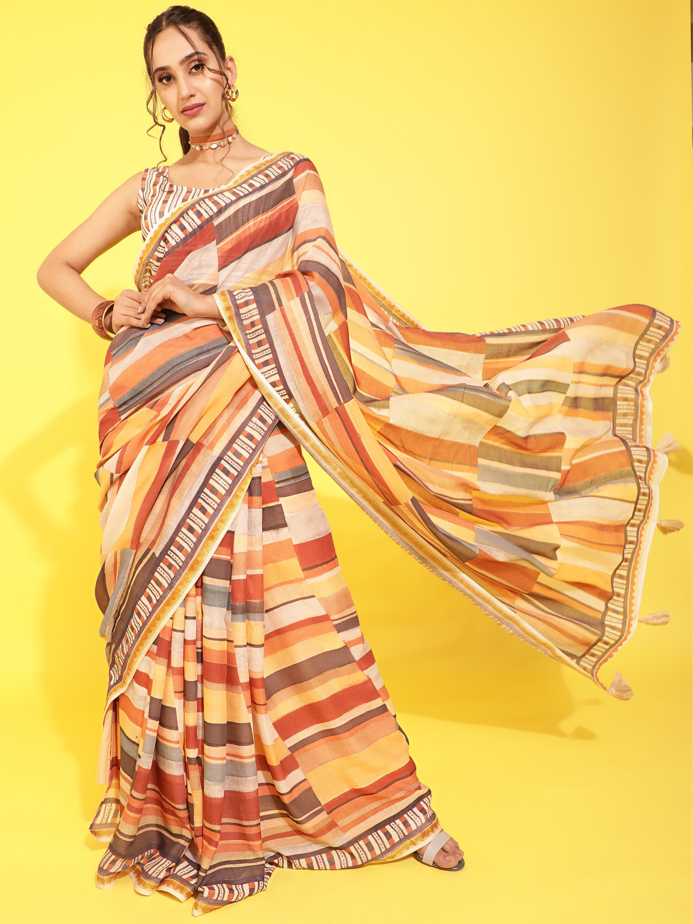 BROWN & YELLOW VISCOSE MUL LIVA DIGITAL PRINTED SAREE