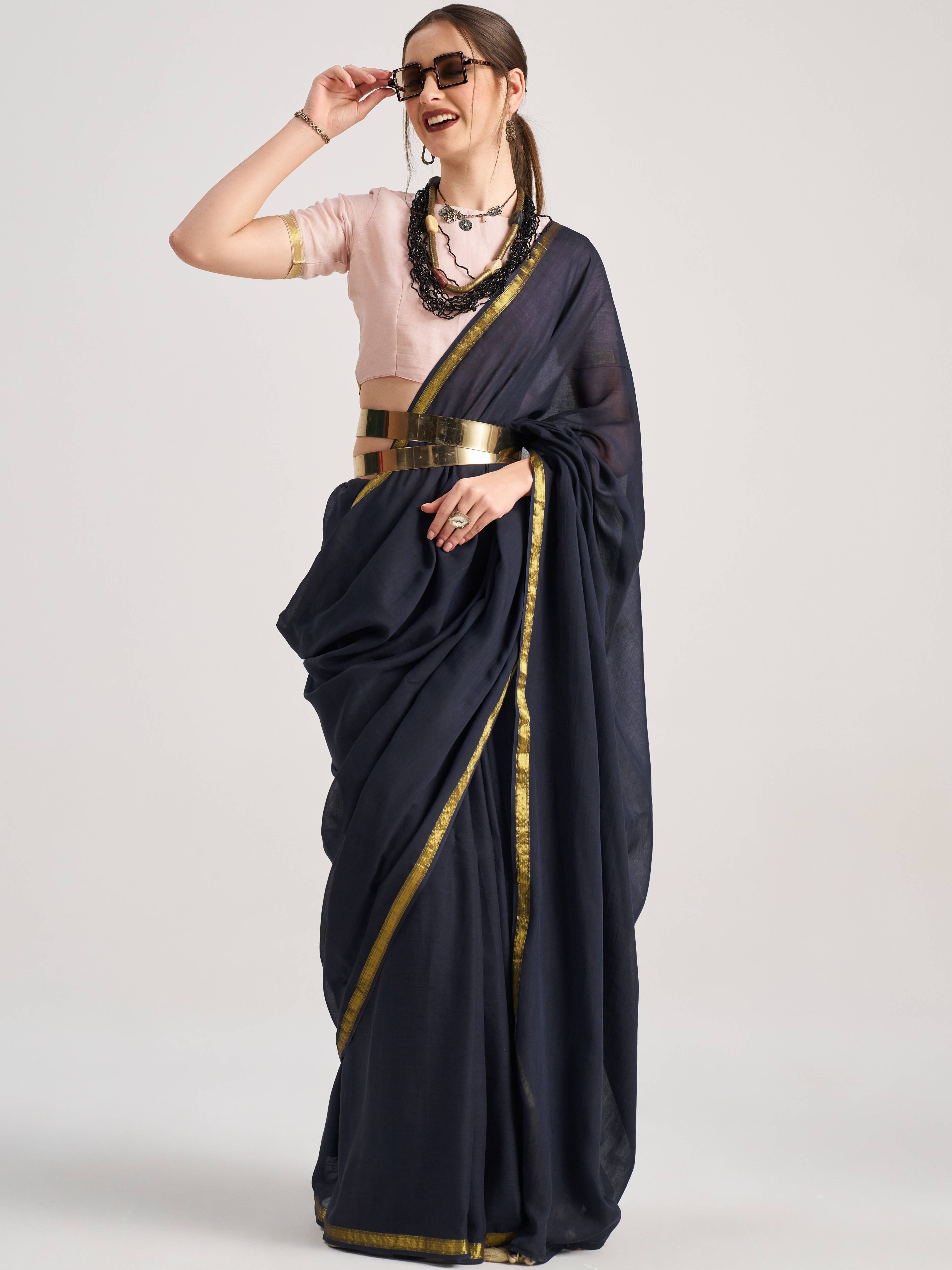 CHARCOAL BLACK VISCOSE MUL LIVA SOLID SAREE