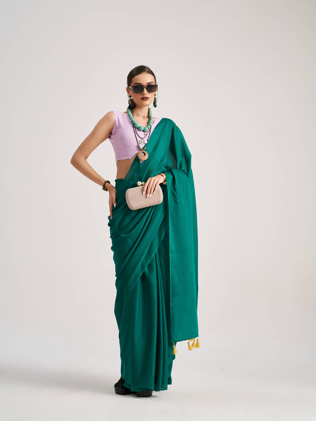 BOTTLE GREEN VISCOSE MUL SOLID SAREE