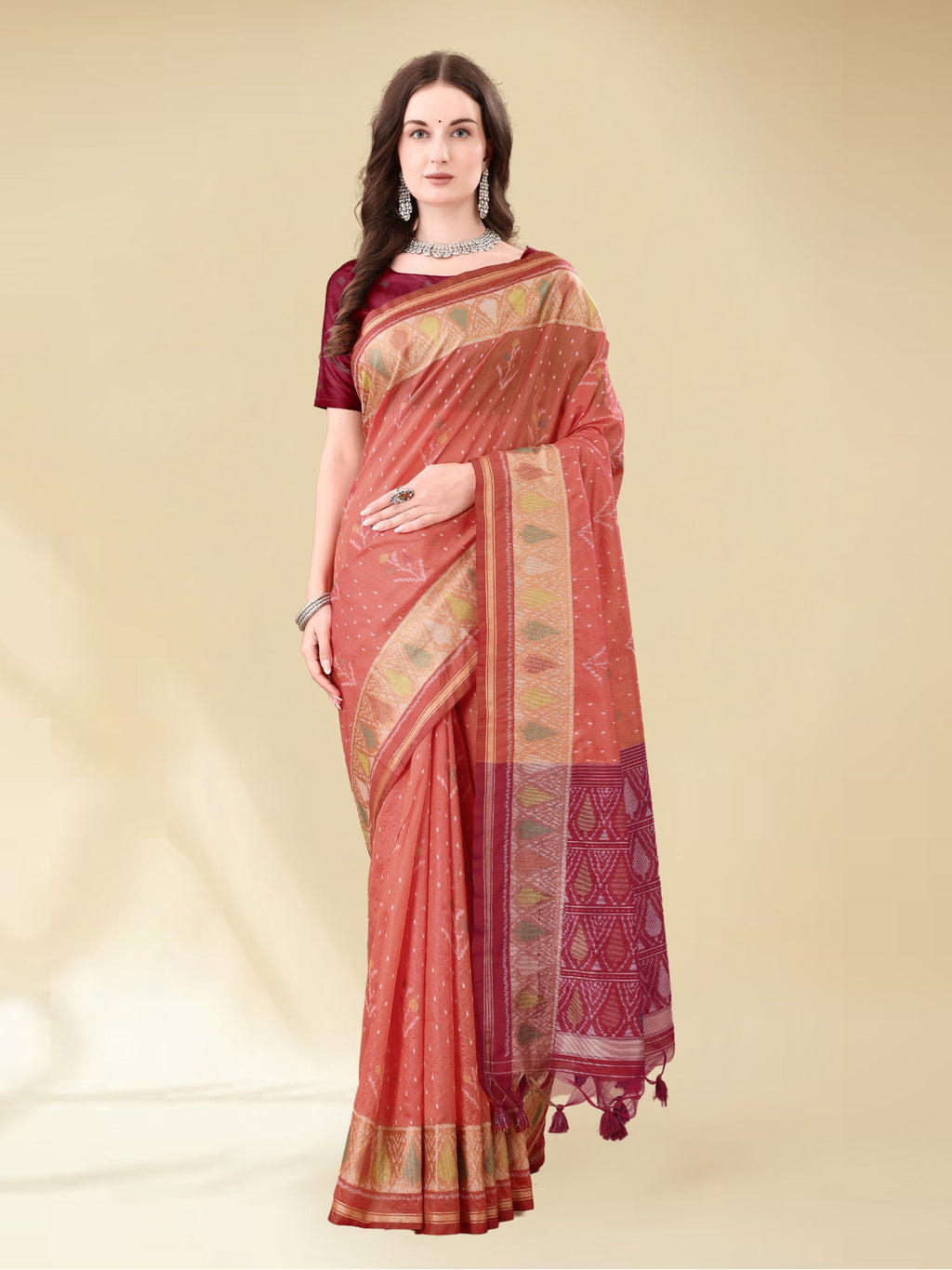 DARK CARROT HANDWOVEN BUTTERFLY ART SILK SAREE