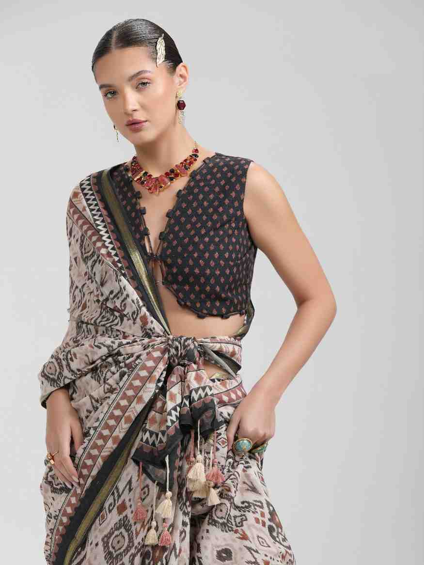 BEIGE & BLACK VISCOSE MUL LIVA DIGITAL PRINTED SAREE