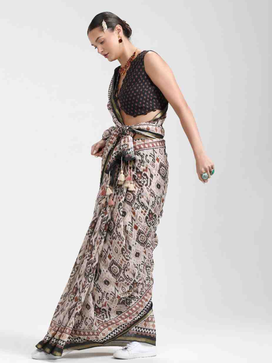 BEIGE & BLACK VISCOSE MUL LIVA DIGITAL PRINTED SAREE