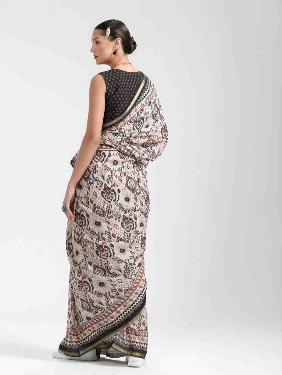 BEIGE & BLACK VISCOSE MUL LIVA DIGITAL PRINTED SAREE