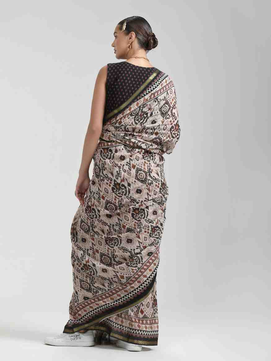 BEIGE & BLACK VISCOSE MUL LIVA DIGITAL PRINTED SAREE