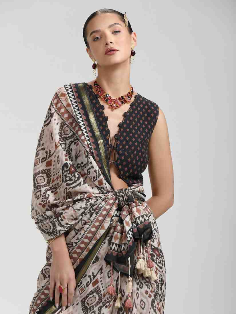 BEIGE & BLACK VISCOSE MUL LIVA DIGITAL PRINTED SAREE