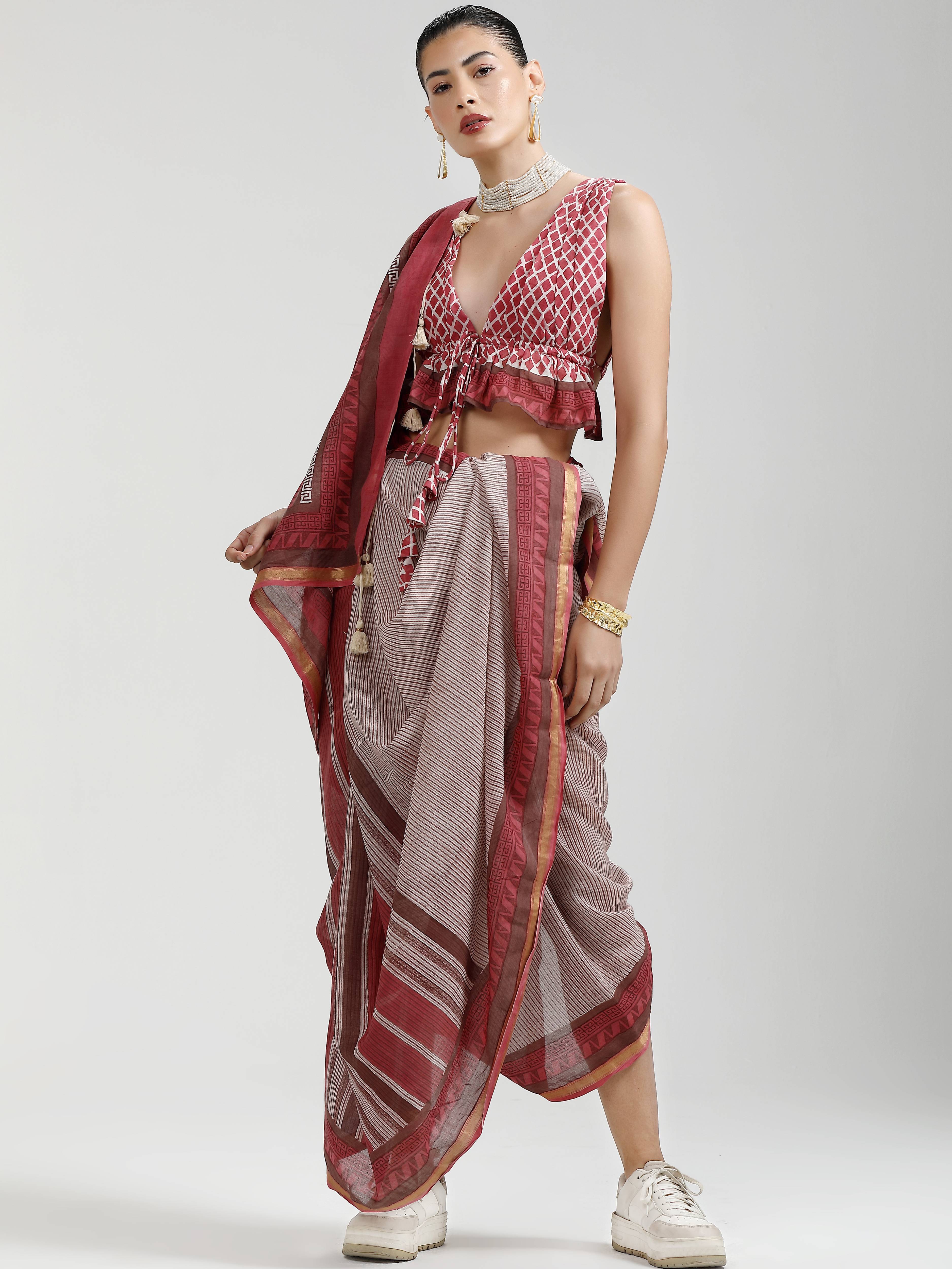 DUSTY RED VISCOSE MUL LIVA BLOCK PRINTED SAREE
