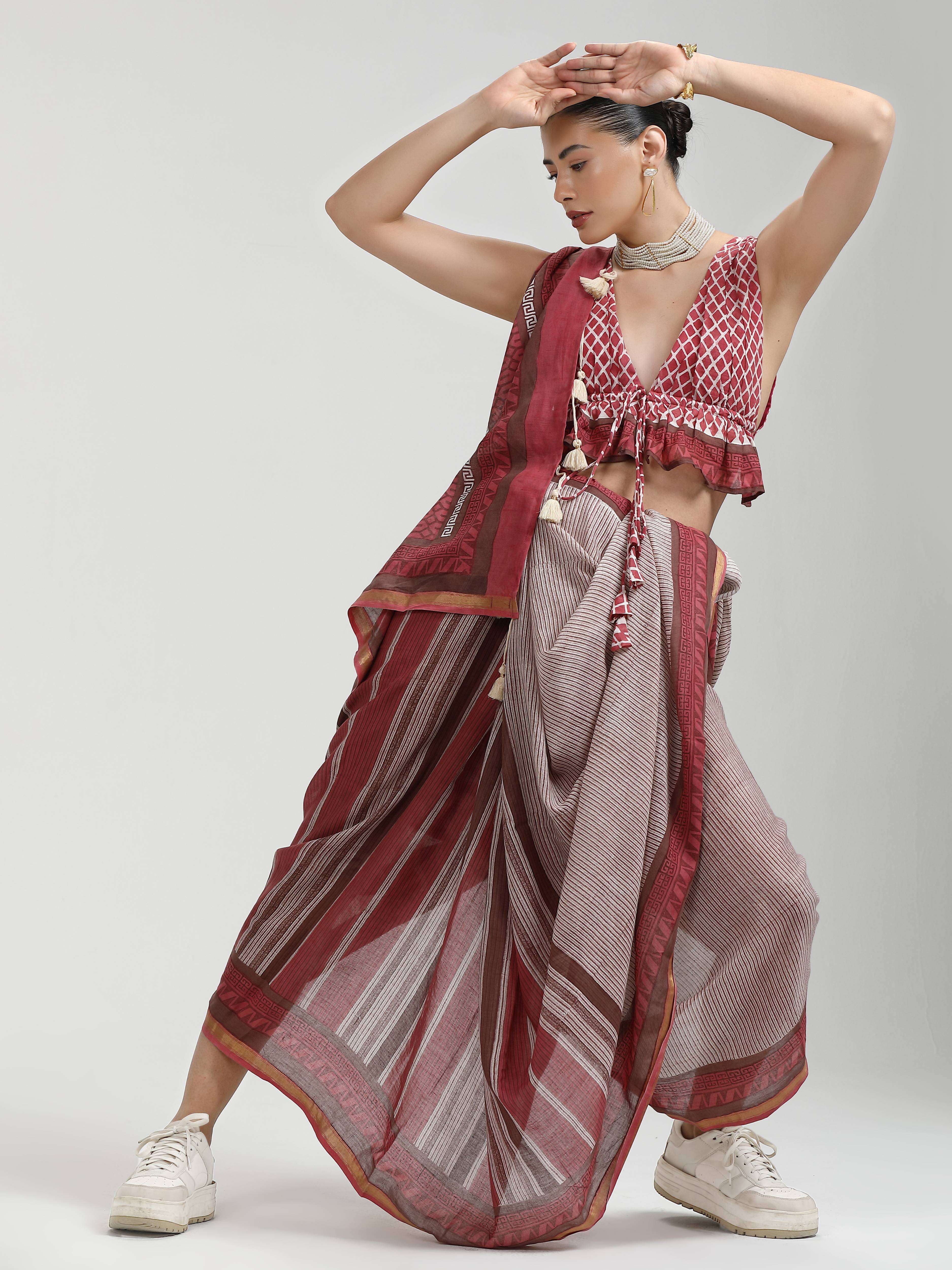 DUSTY RED VISCOSE MUL LIVA BLOCK PRINTED SAREE