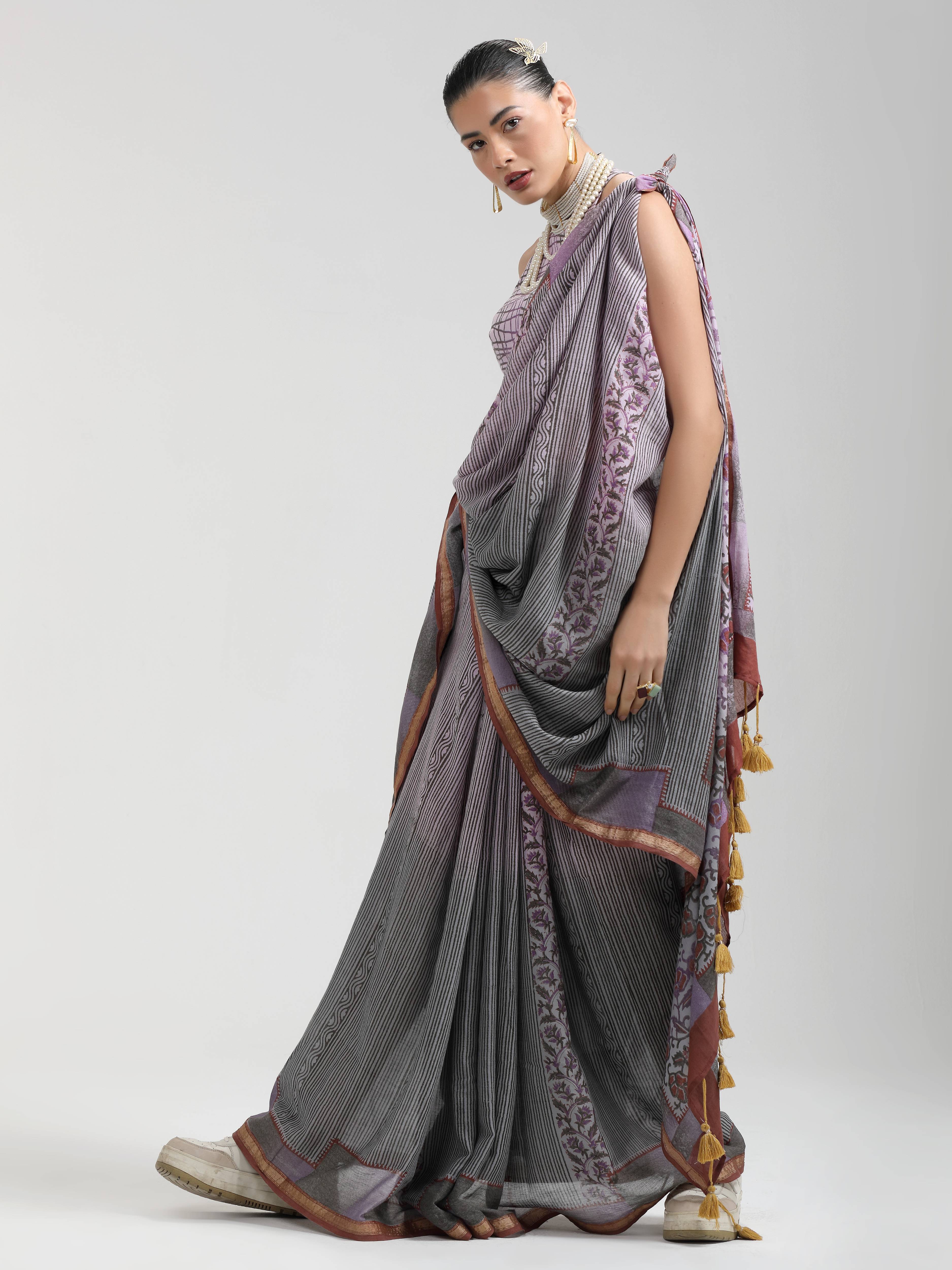 GRAY & MAROON VISCOSE MUL LIVA BLOCK PRINTED SAREE