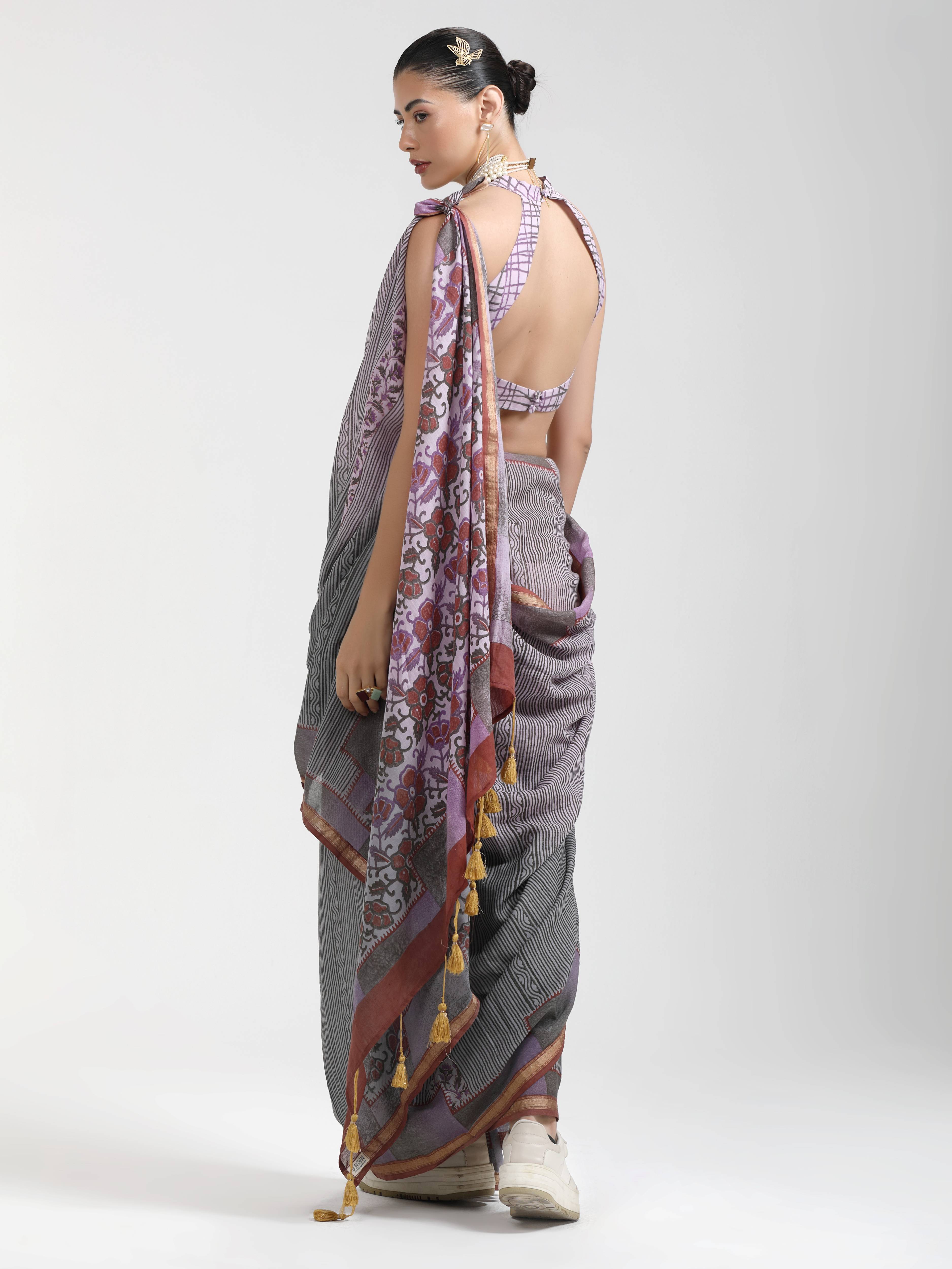 GRAY & MAROON VISCOSE MUL LIVA BLOCK PRINTED SAREE