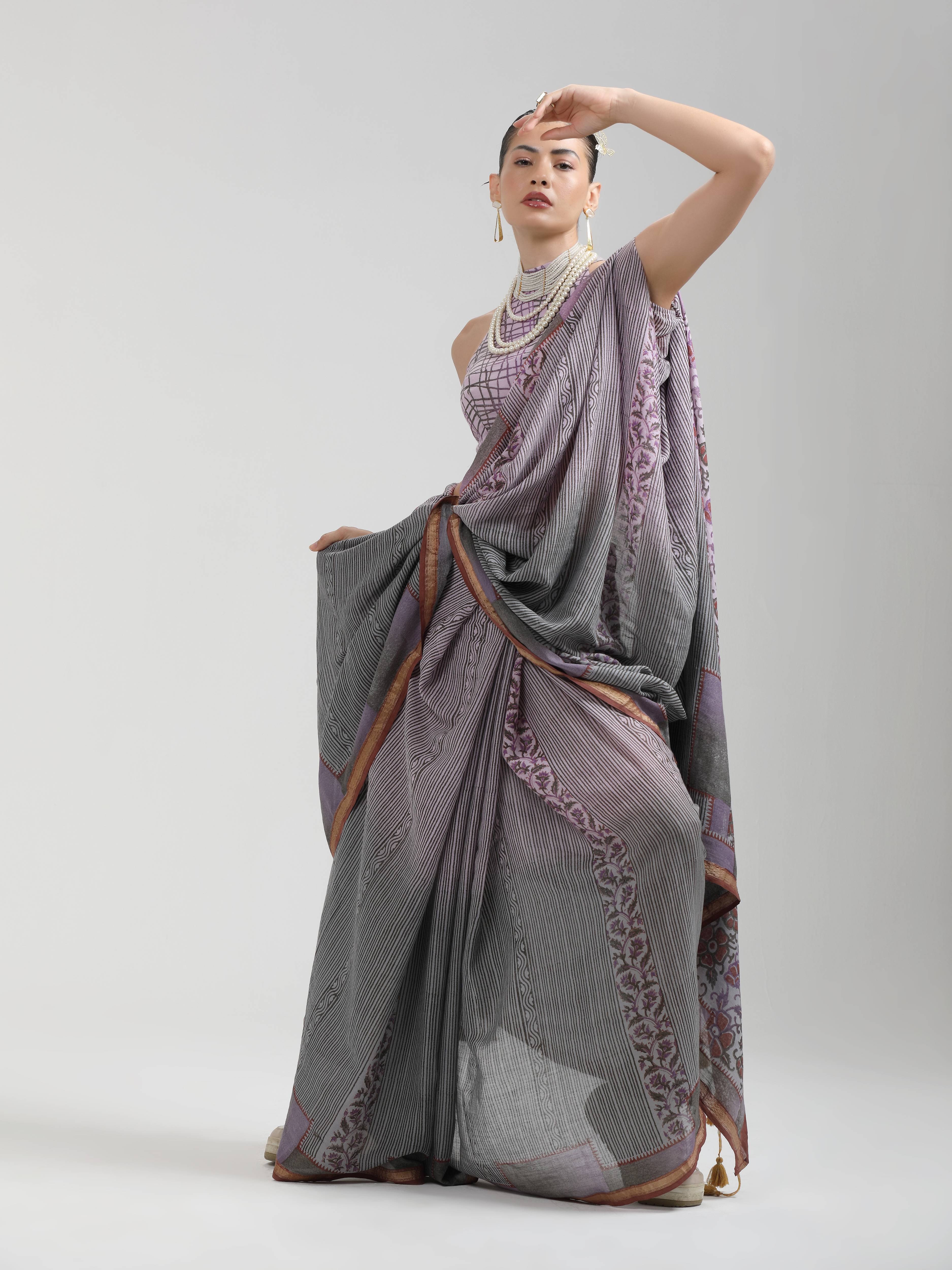 GRAY & MAROON VISCOSE MUL LIVA BLOCK PRINTED SAREE