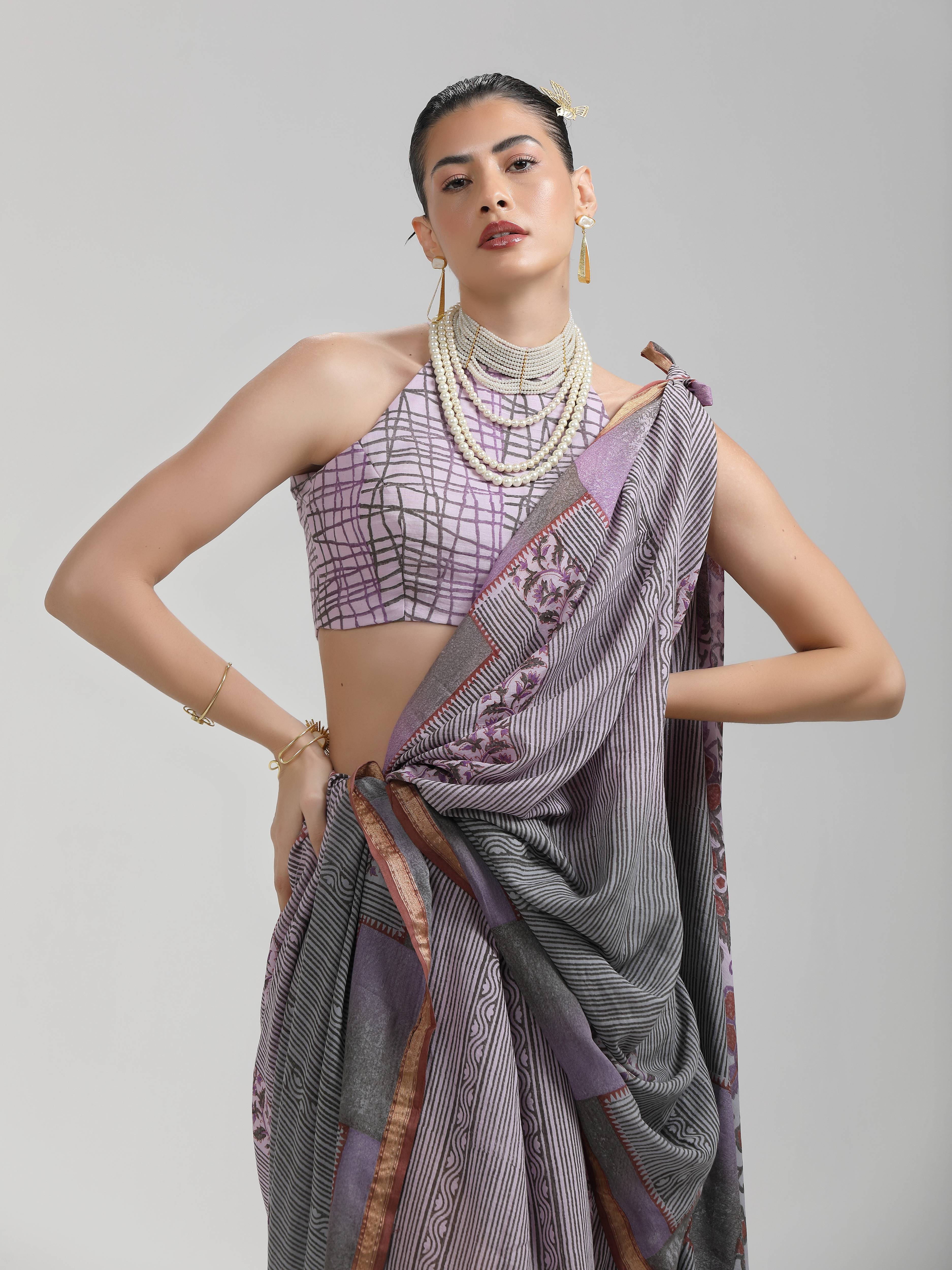 GRAY & MAROON VISCOSE MUL LIVA BLOCK PRINTED SAREE