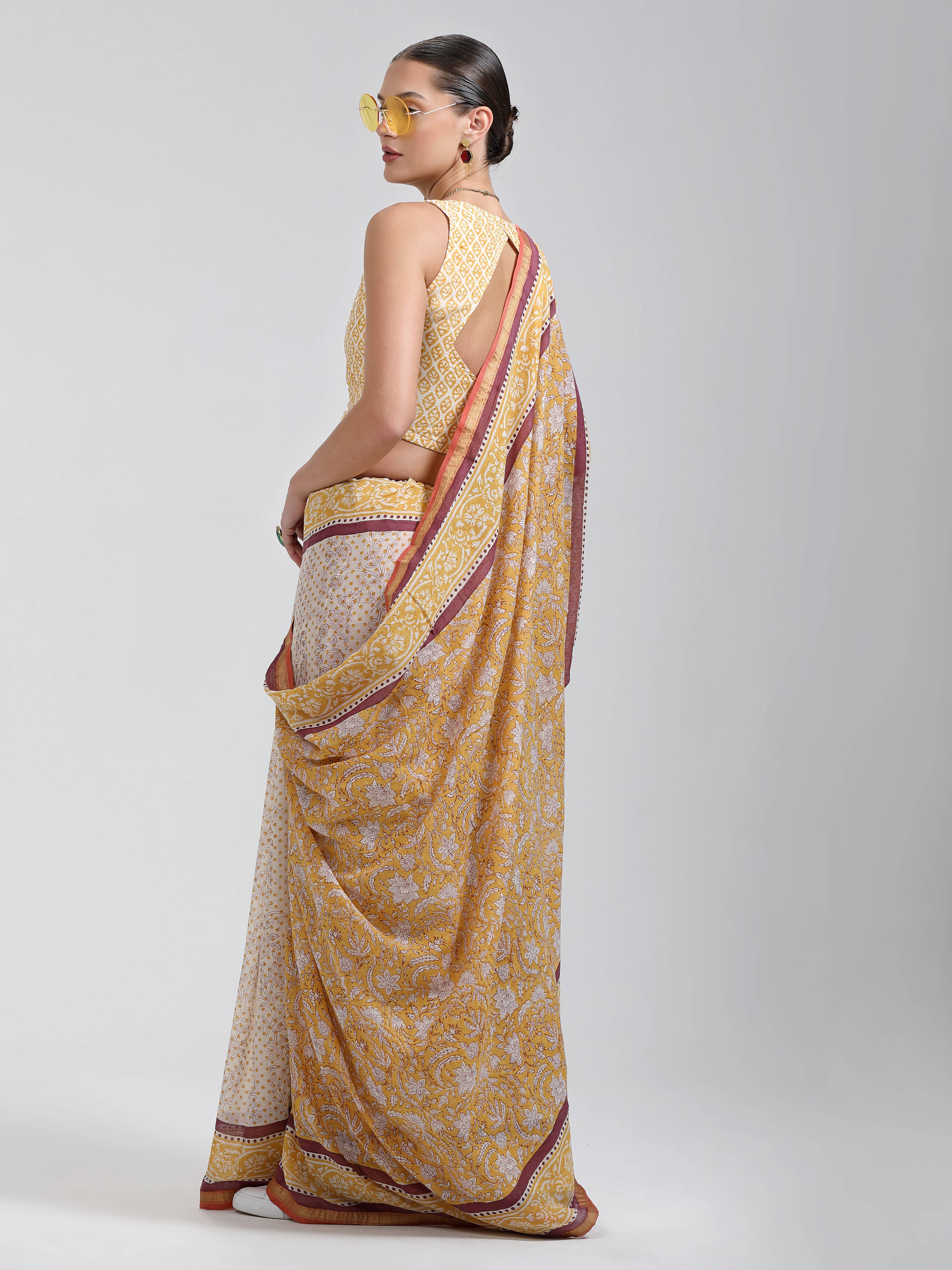 DARK YELLOW VISCOSE MUL LIVA BLOCK PRINTED SAREE