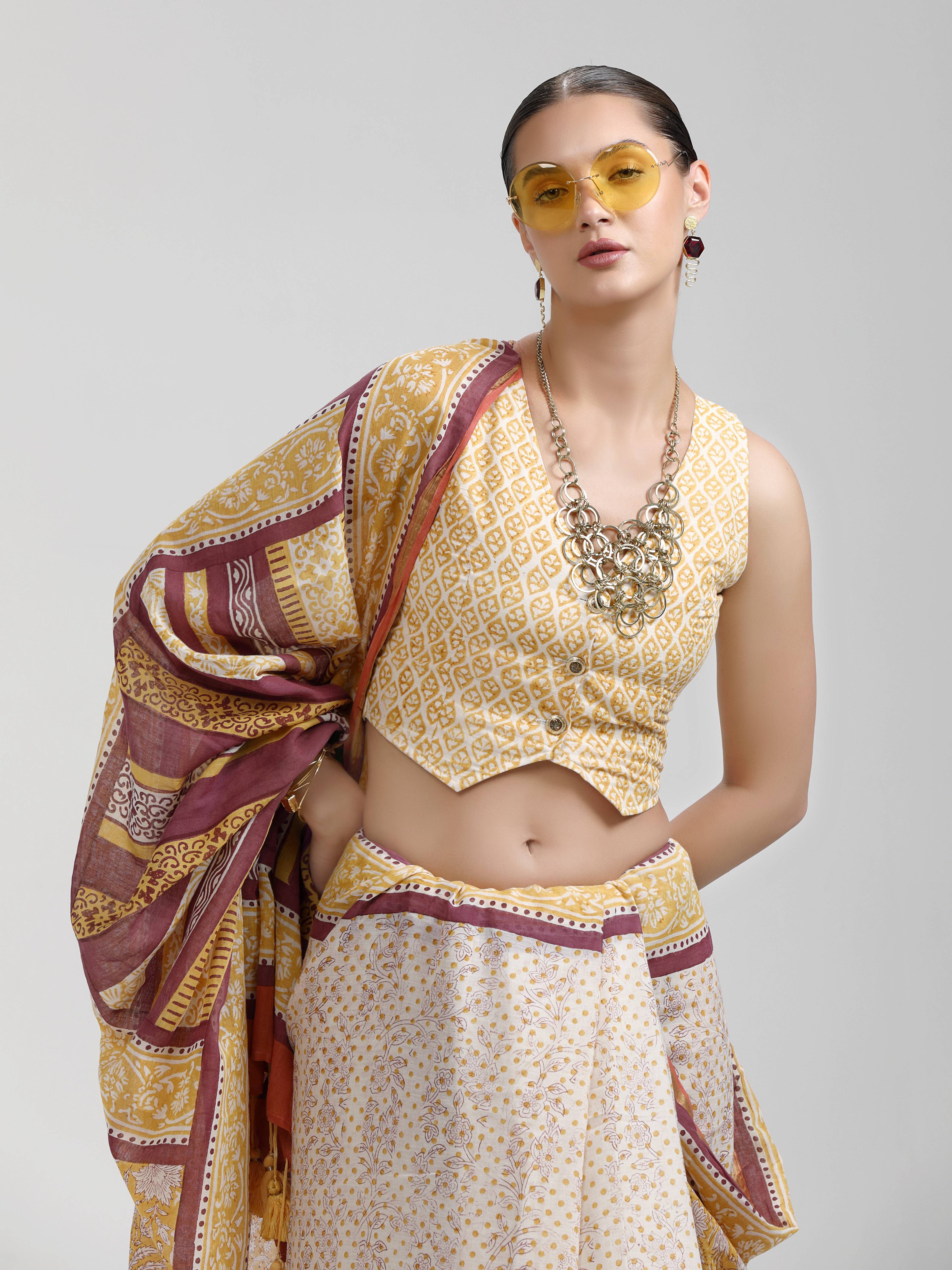 DARK YELLOW VISCOSE MUL LIVA BLOCK PRINTED SAREE
