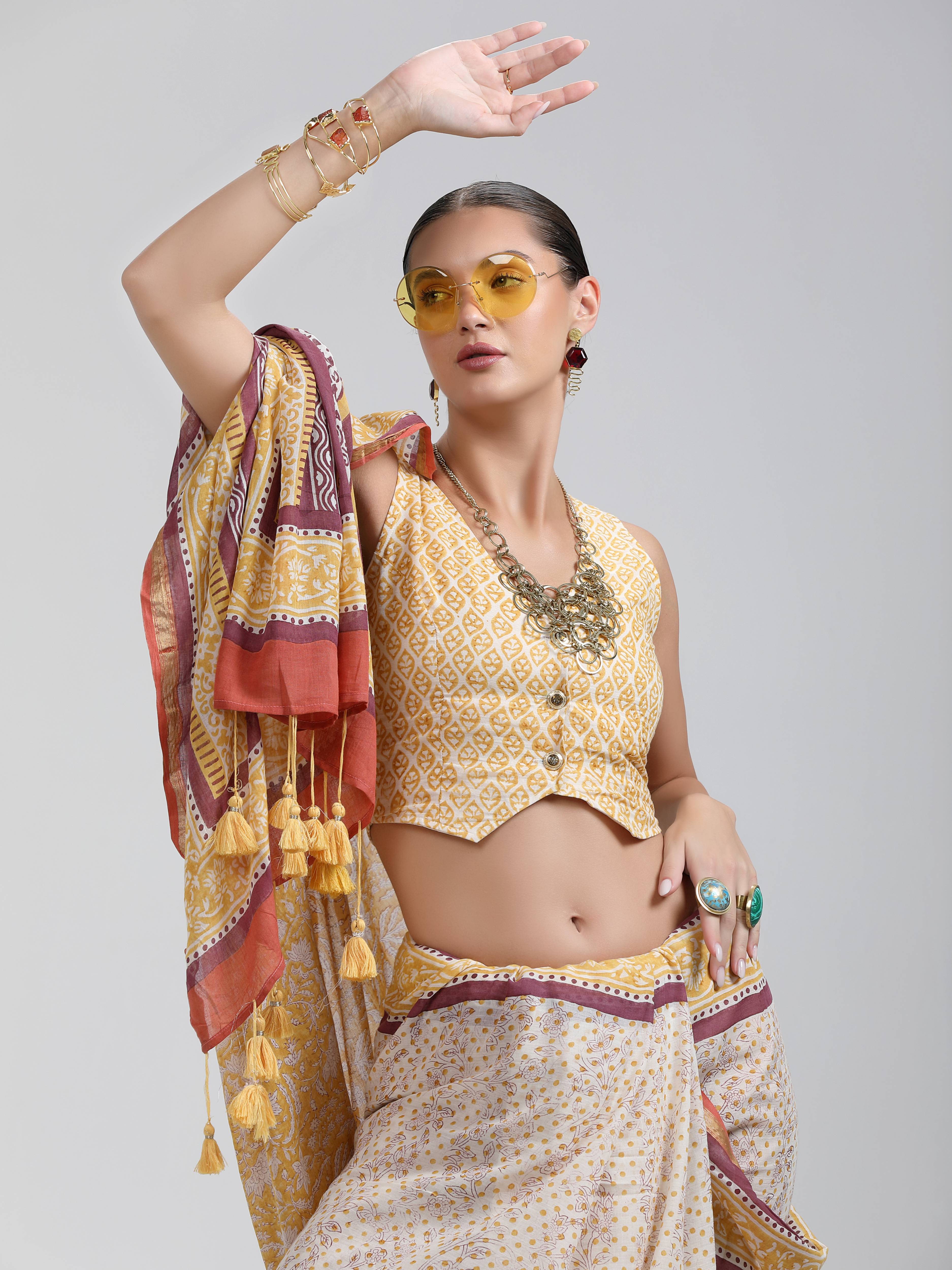 DARK YELLOW VISCOSE MUL LIVA BLOCK PRINTED SAREE
