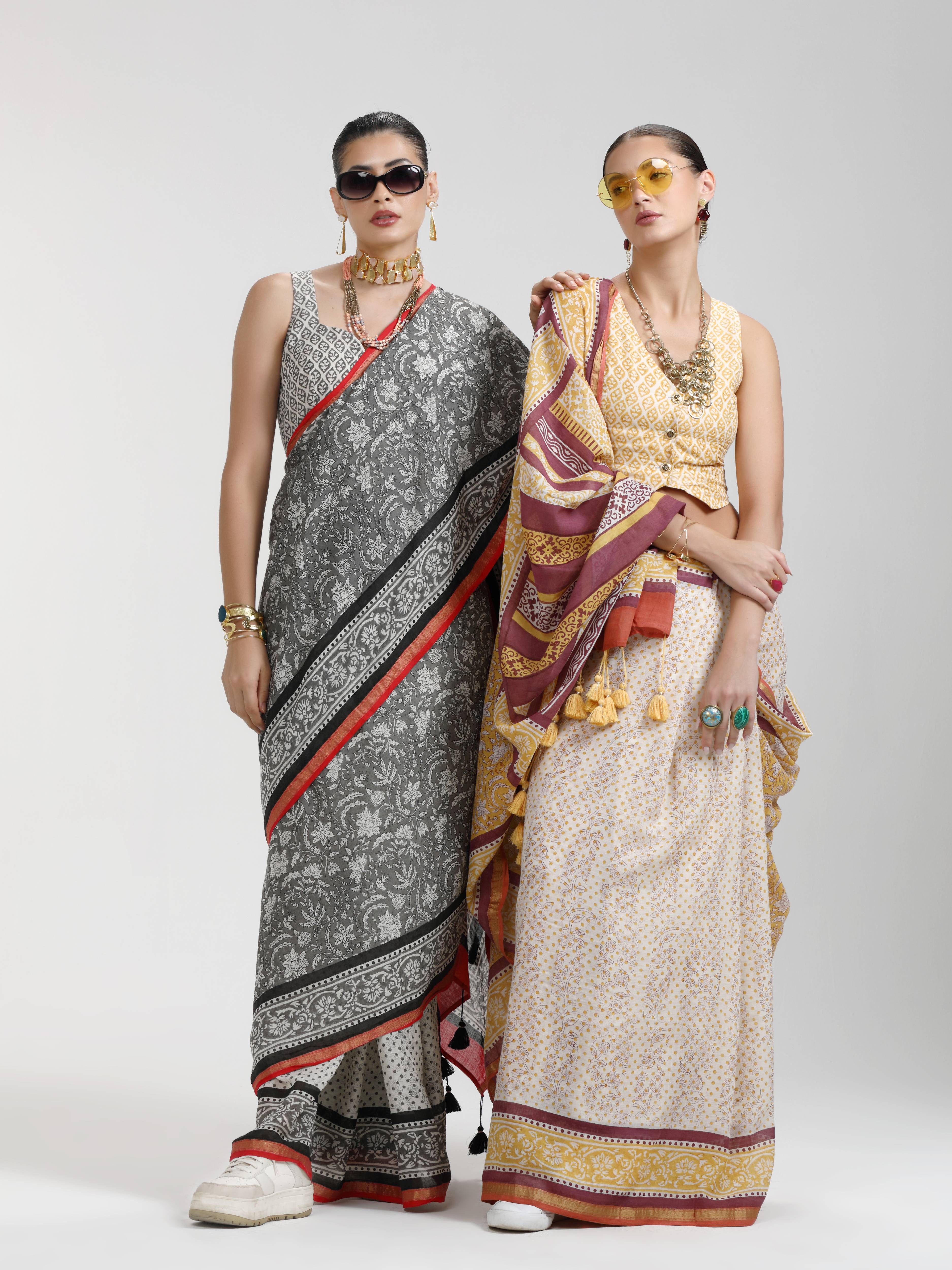 DARK YELLOW VISCOSE MUL LIVA BLOCK PRINTED SAREE