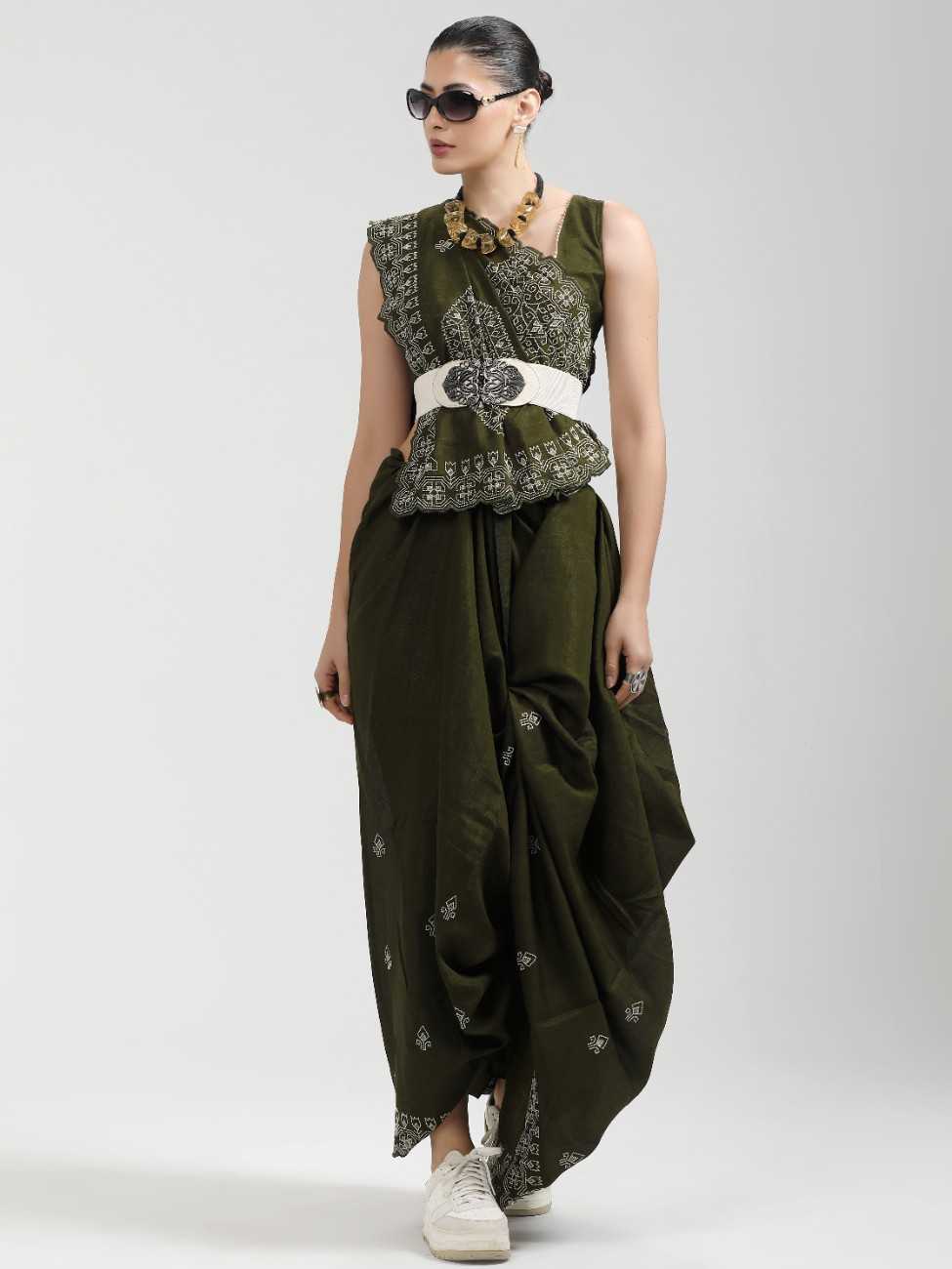 DARK GREEN TITANIUM ART SILK KANTHA EMBROIDERY SAREE