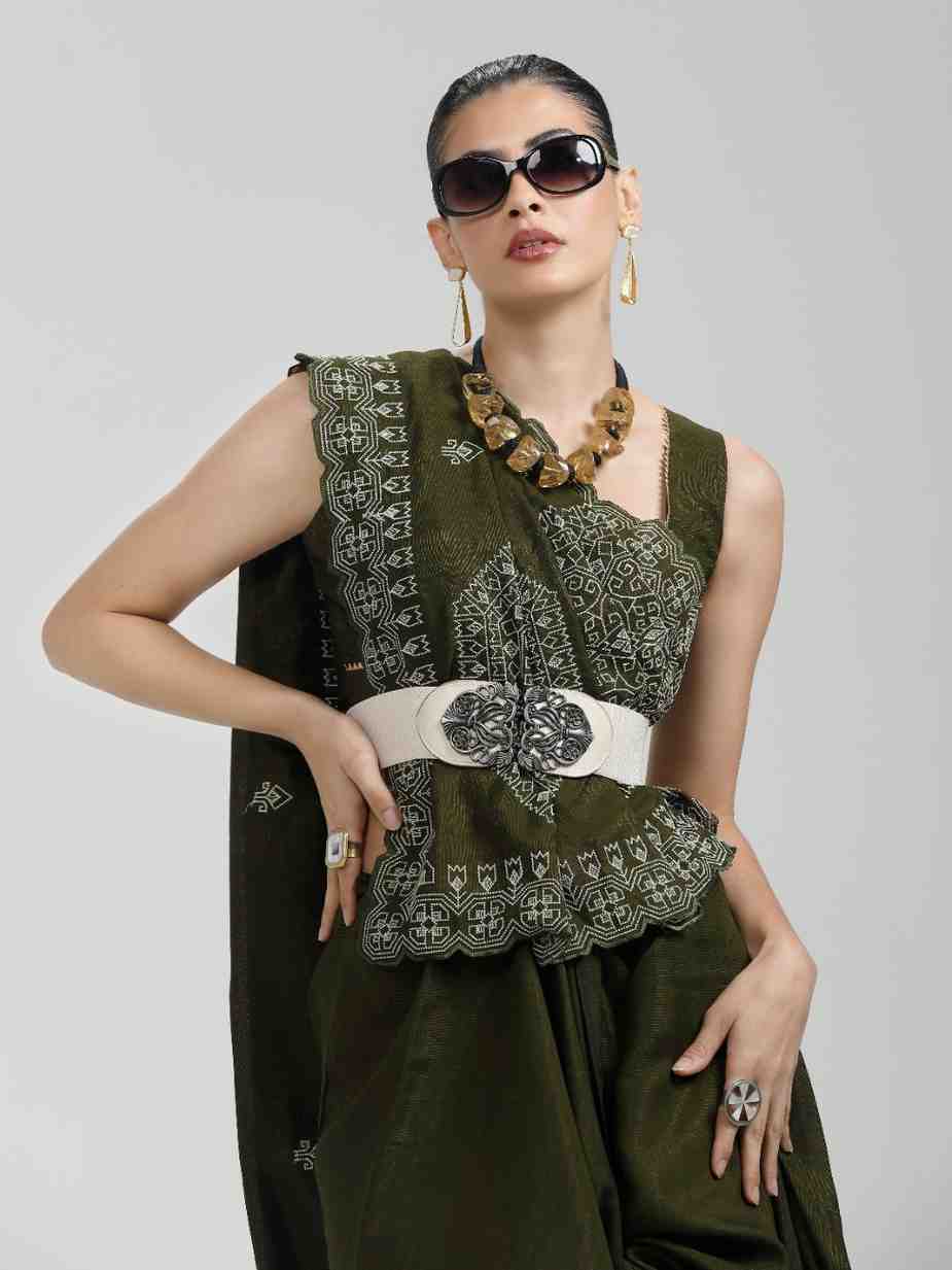 DARK GREEN TITANIUM ART SILK KANTHA EMBROIDERY SAREE