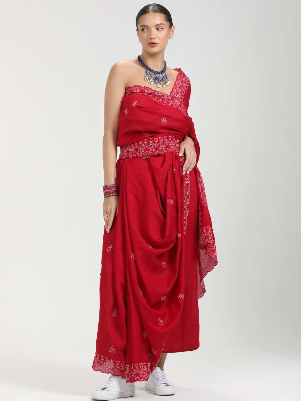 CADMIUM RED TITANIUM ART SILK KANTHA EMBROIDERY SAREE