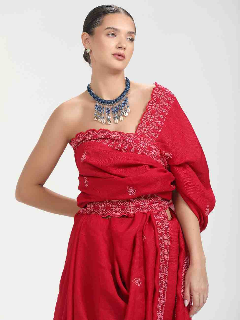 CADMIUM RED TITANIUM ART SILK KANTHA EMBROIDERY SAREE