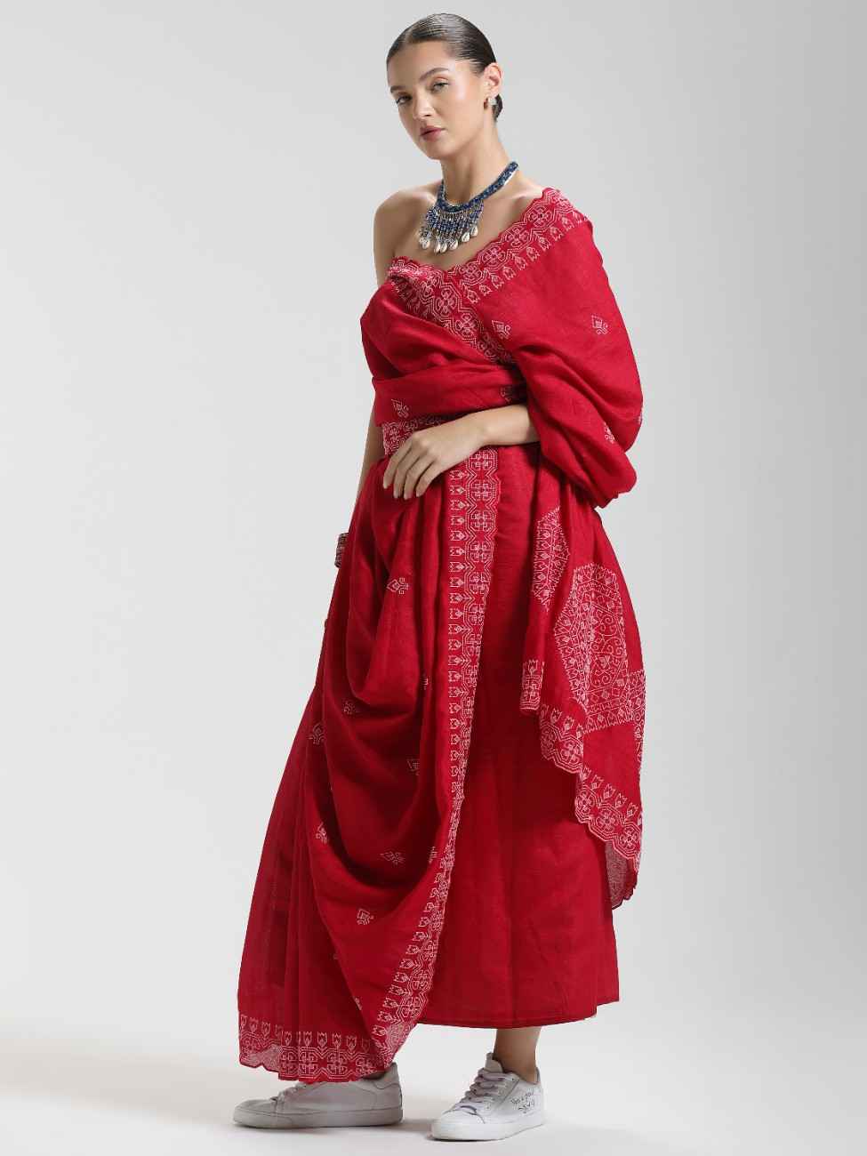 CADMIUM RED TITANIUM ART SILK KANTHA EMBROIDERY SAREE