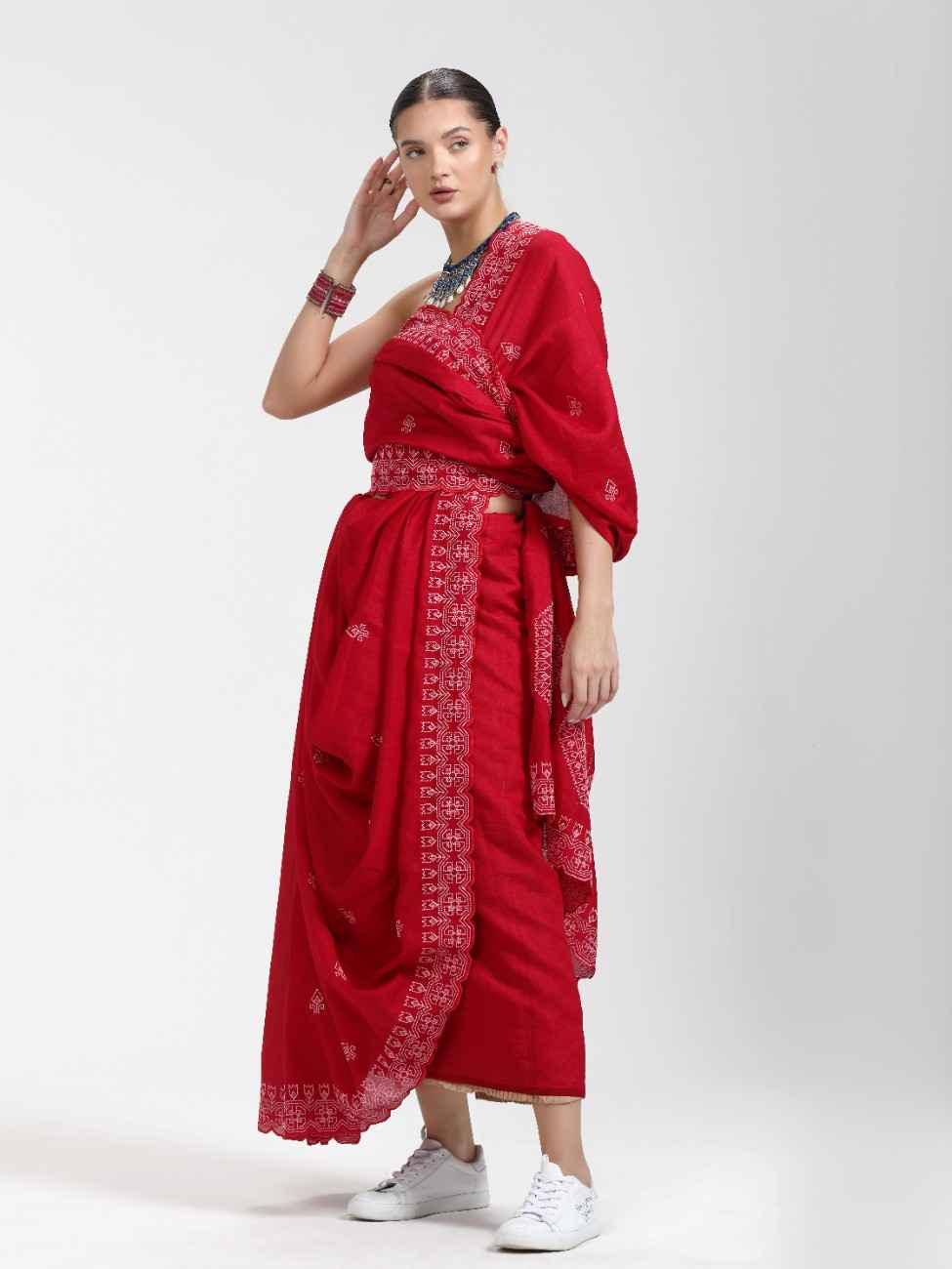 CADMIUM RED TITANIUM ART SILK KANTHA EMBROIDERY SAREE