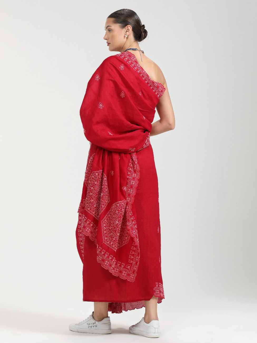 CADMIUM RED TITANIUM ART SILK KANTHA EMBROIDERY SAREE