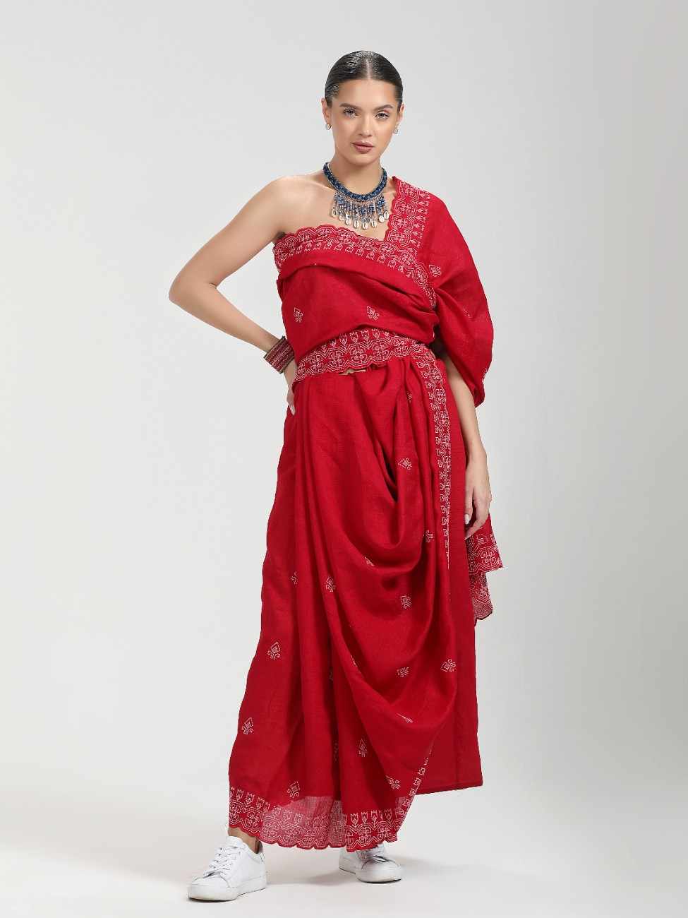 CADMIUM RED TITANIUM ART SILK KANTHA EMBROIDERY SAREE