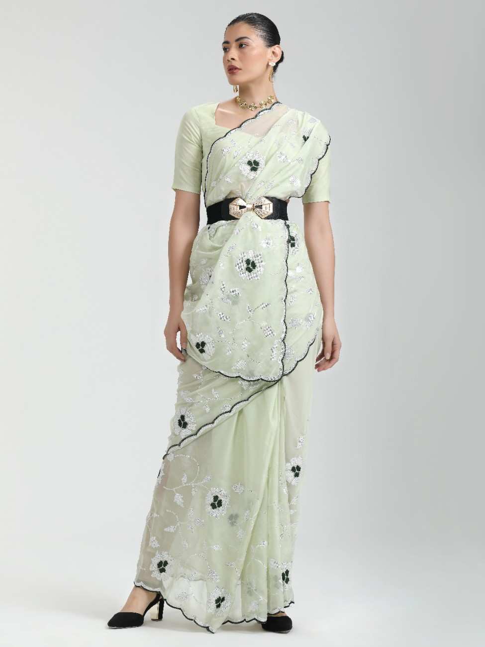 LIGHT PISTA ORGANZA SAREE WITH JAAL & FLOWER EMBROIDERY