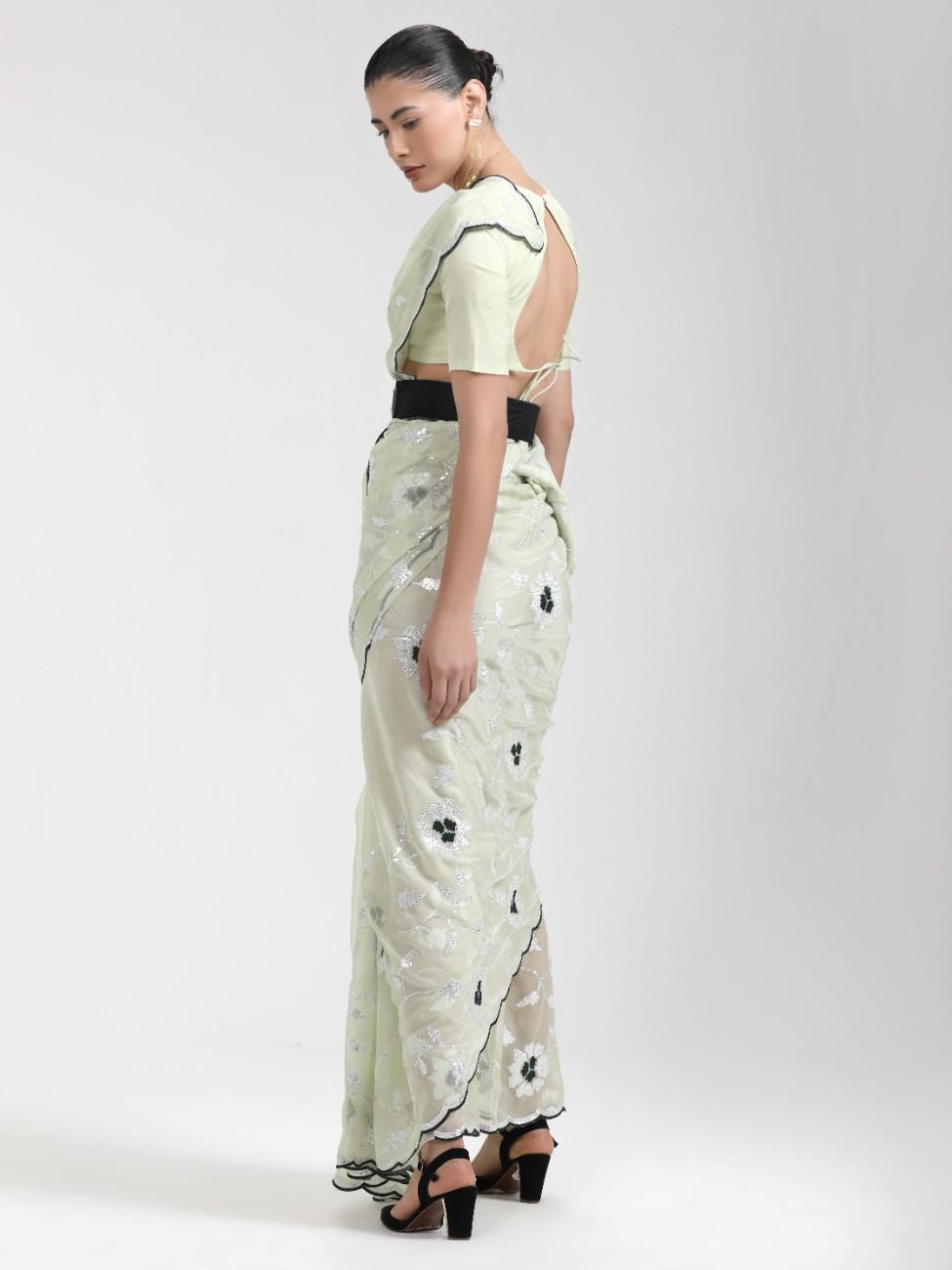 LIGHT PISTA ORGANZA SAREE WITH JAAL & FLOWER EMBROIDERY