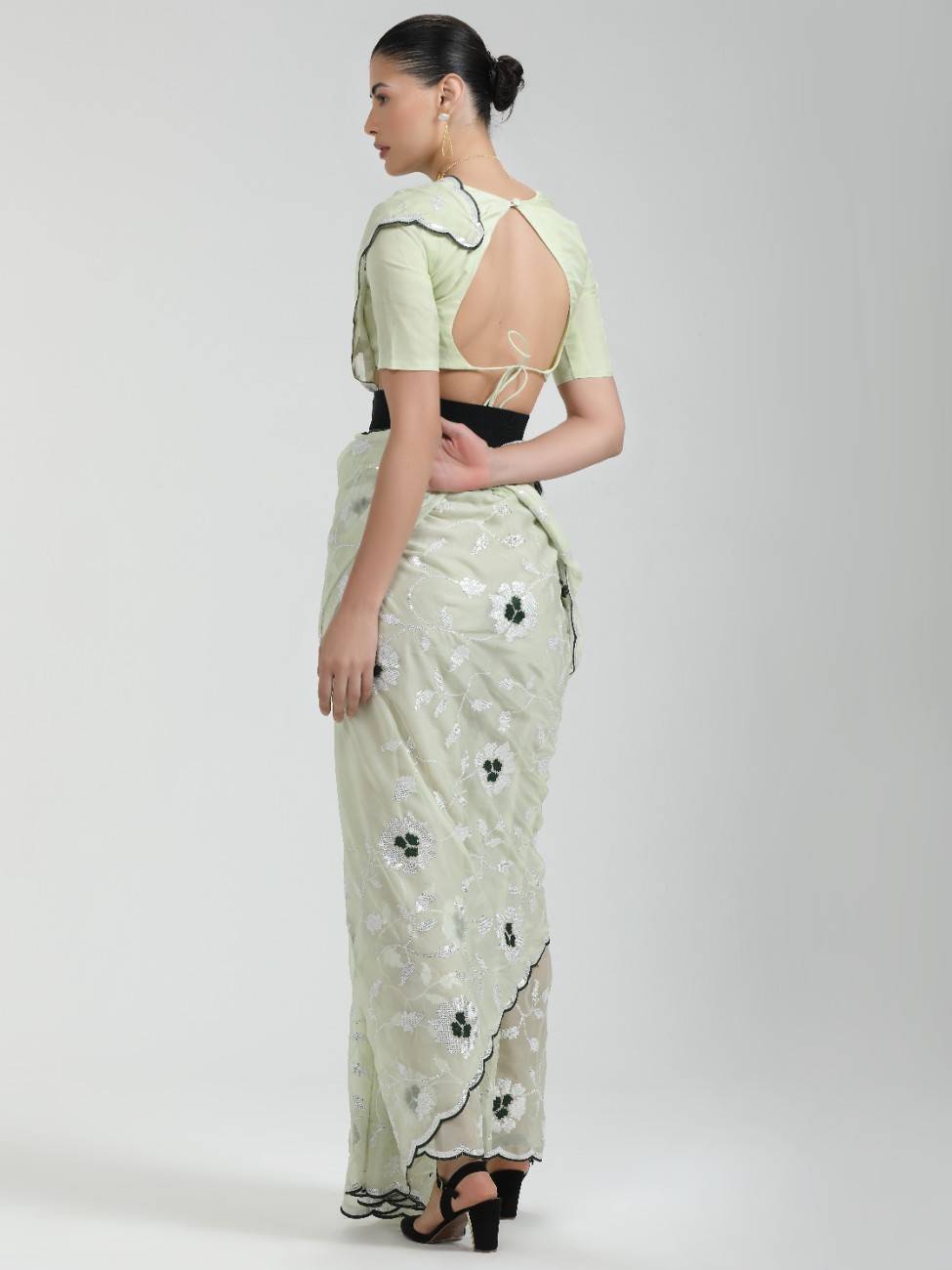 LIGHT PISTA ORGANZA SAREE WITH JAAL & FLOWER EMBROIDERY