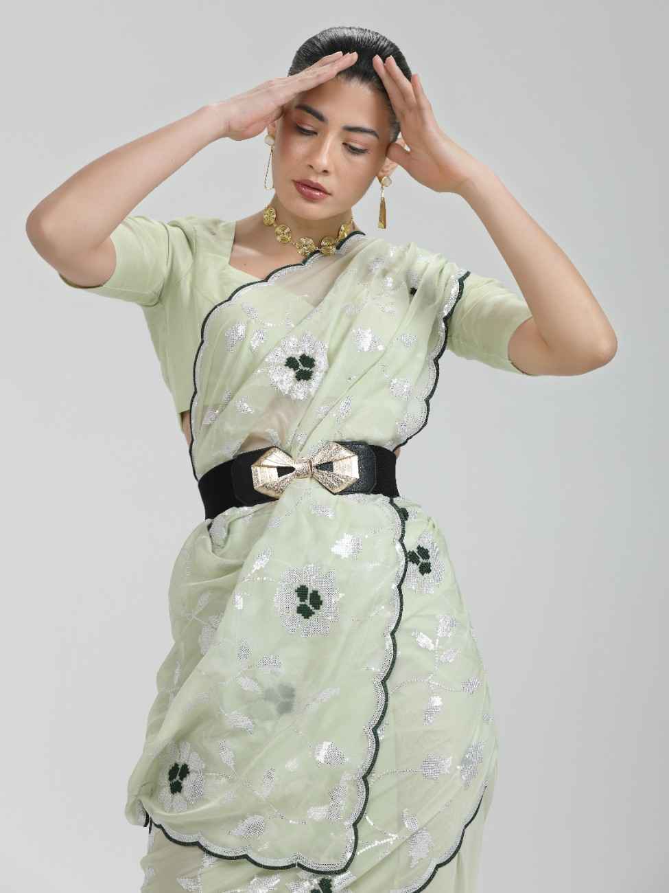 LIGHT PISTA ORGANZA SAREE WITH JAAL & FLOWER EMBROIDERY