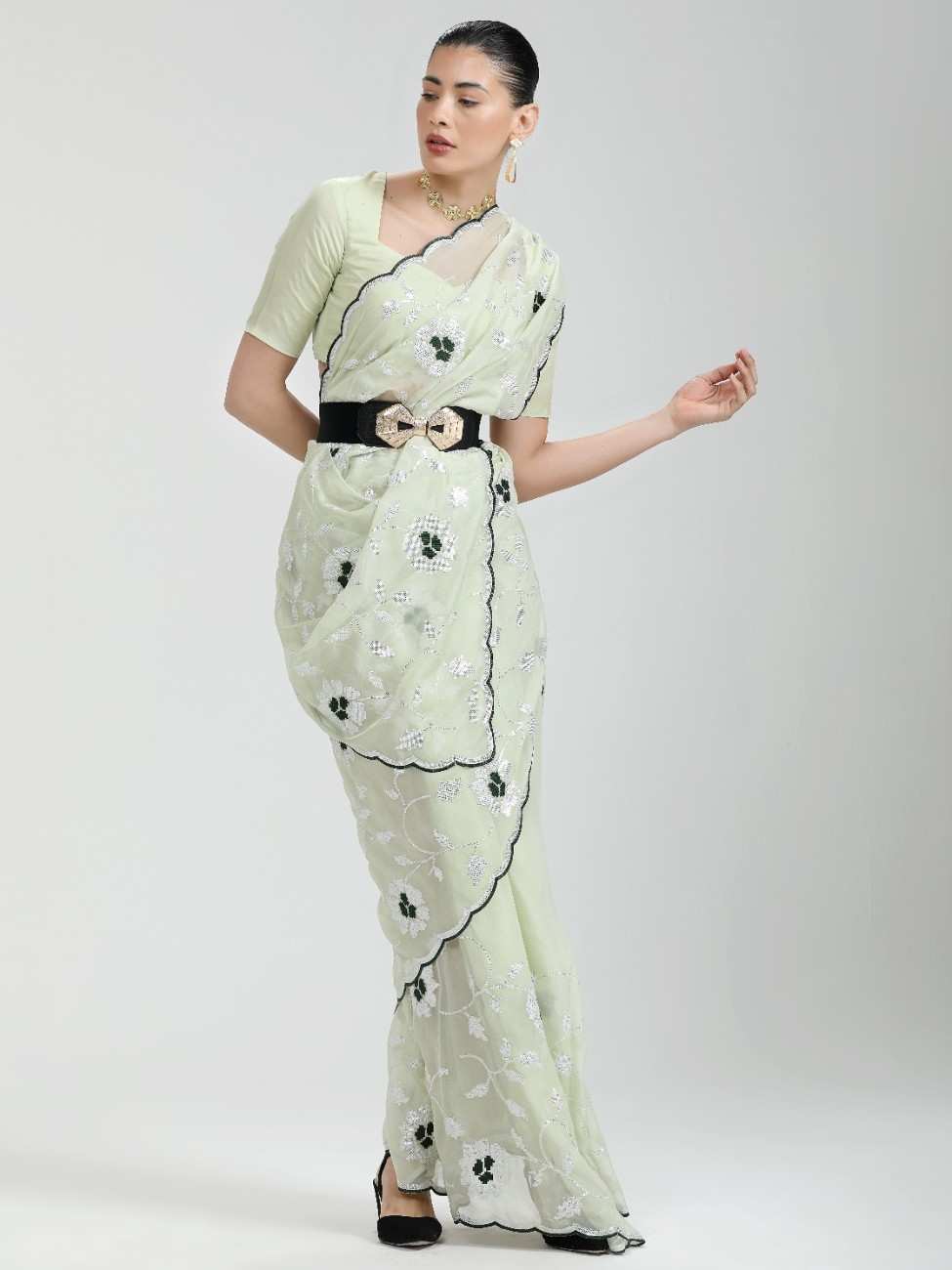 LIGHT PISTA ORGANZA SAREE WITH JAAL & FLOWER EMBROIDERY