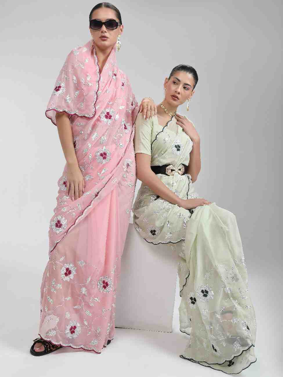 LIGHT PISTA ORGANZA SAREE WITH JAAL & FLOWER EMBROIDERY