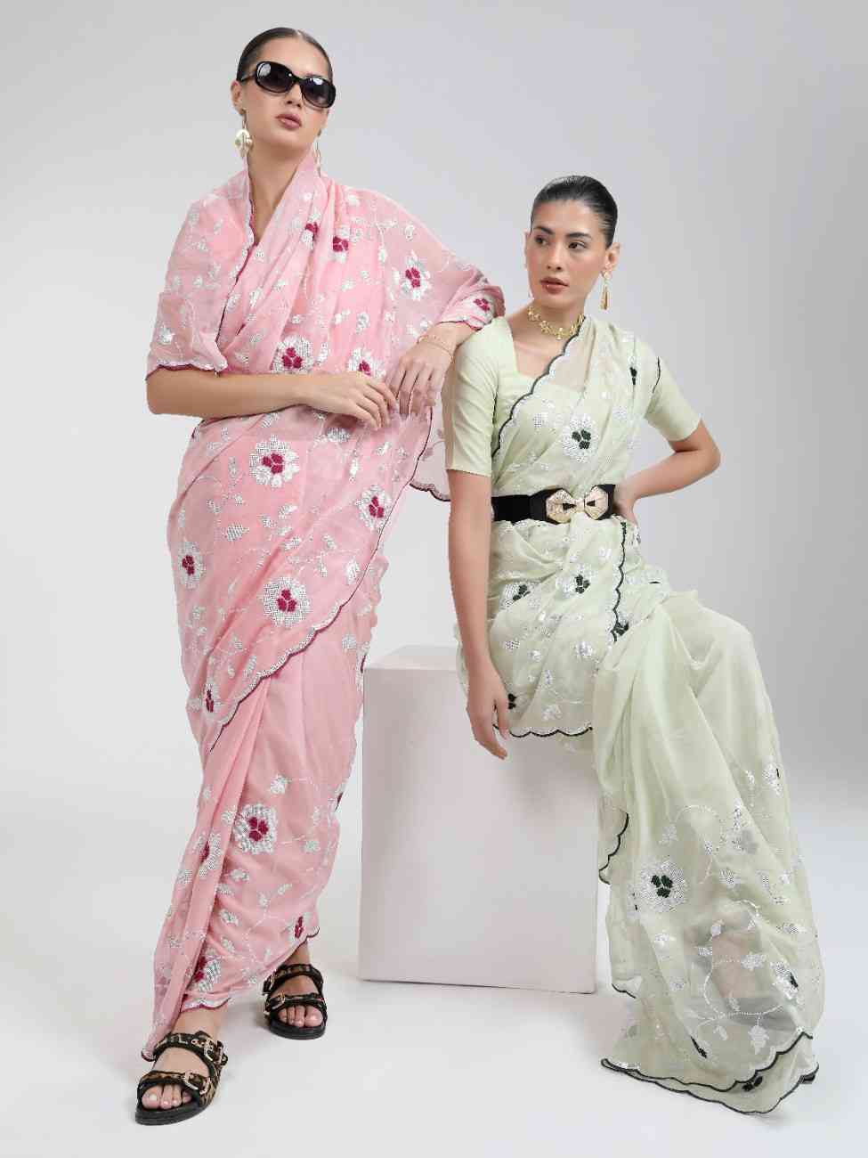 LIGHT PISTA ORGANZA SAREE WITH JAAL & FLOWER EMBROIDERY