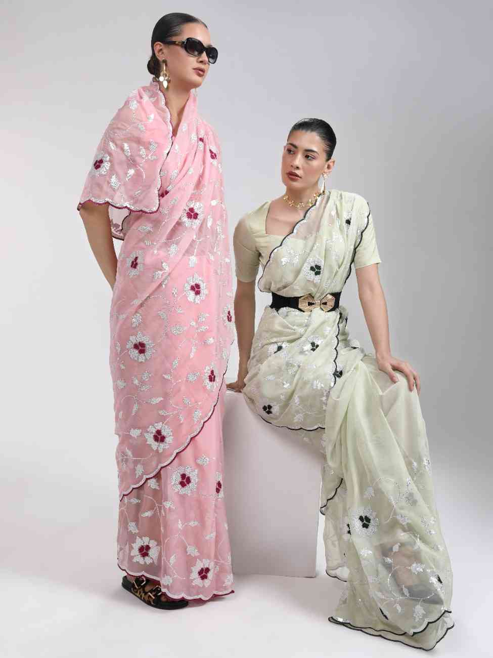 LIGHT PISTA ORGANZA SAREE WITH JAAL & FLOWER EMBROIDERY